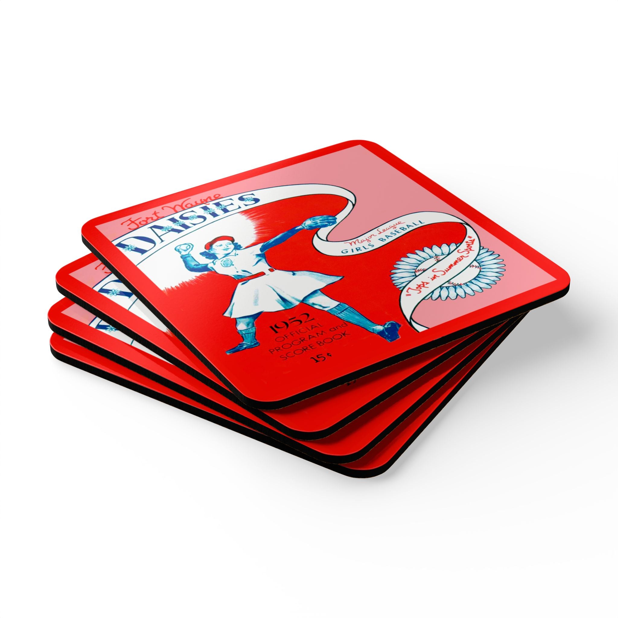 1952 Vintage Fort Wayne Daises Baseball Program Cover - Corkwood Coaster Set