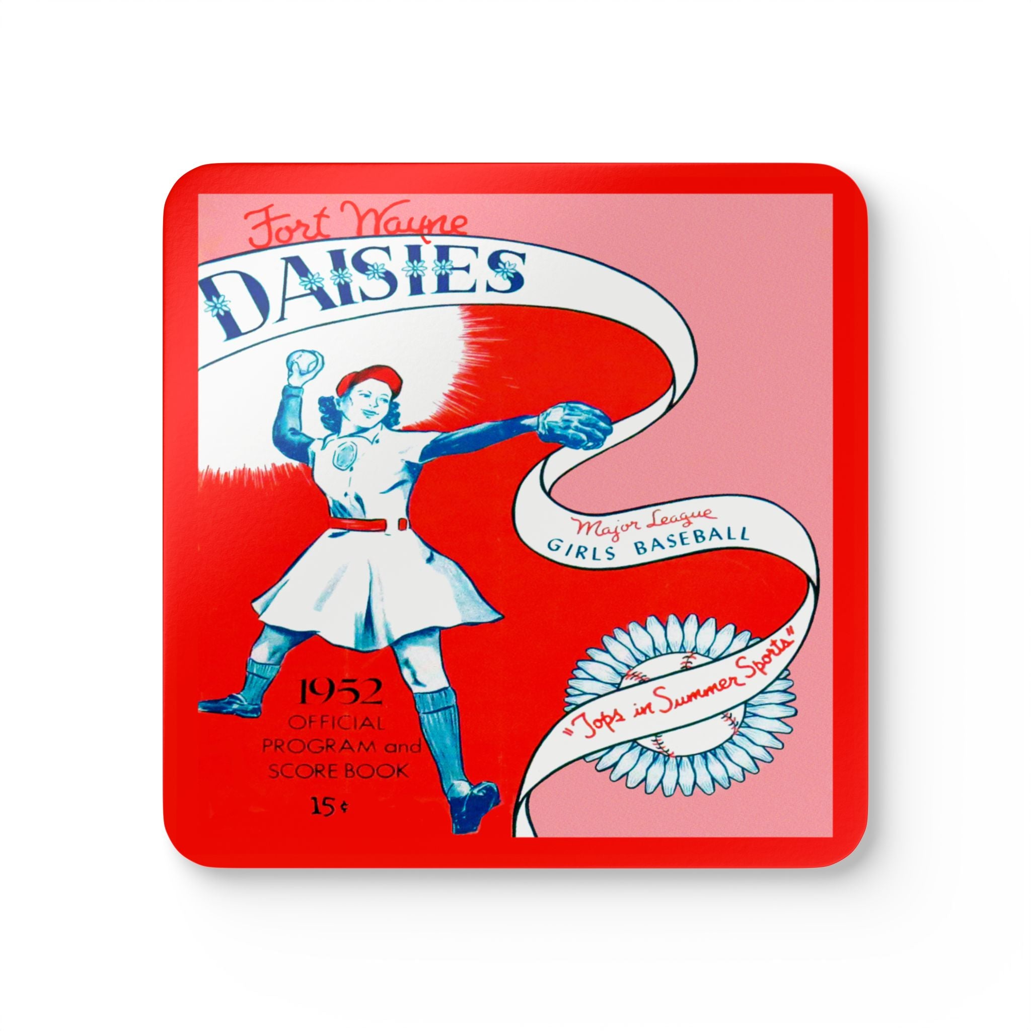 1952 Vintage Fort Wayne Daises Baseball Program Cover - Corkwood Coaster Set
