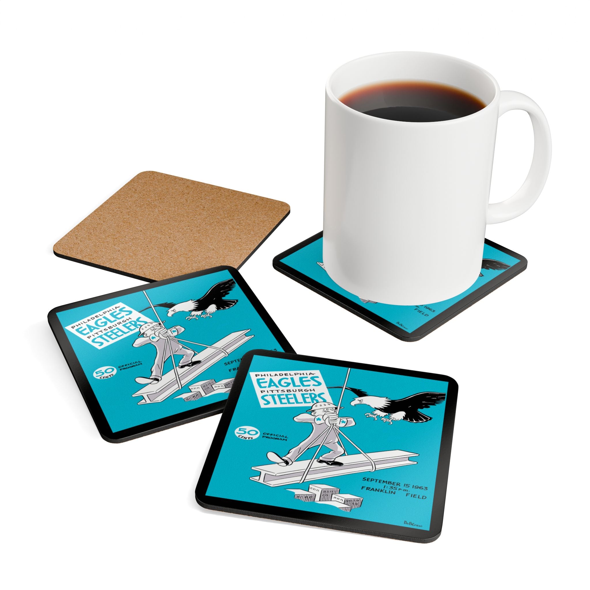 1963 Vintage Philadelphia Eagles - Pittsburgh Steelers Football Program Cover - Corkwood Coaster Set