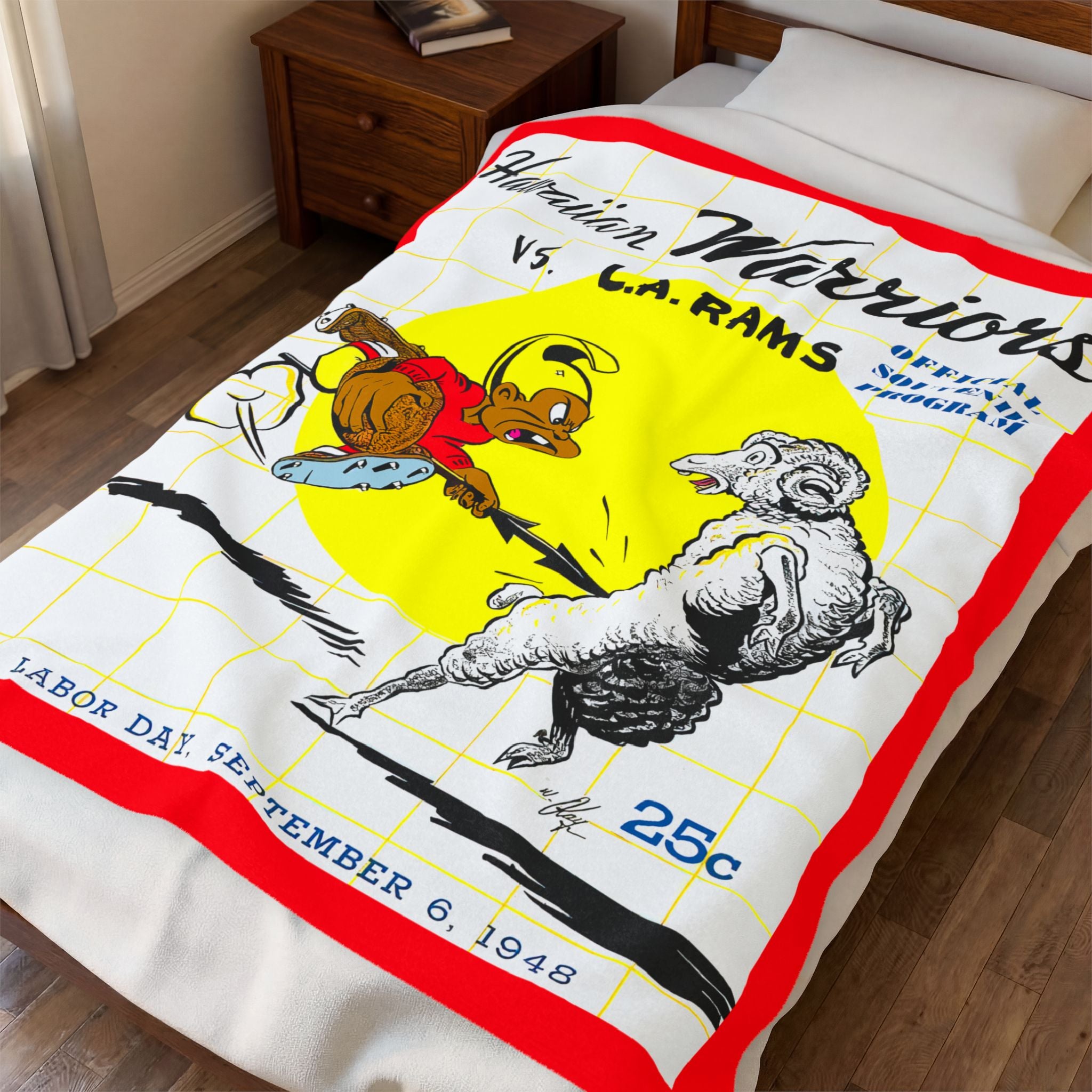 Velveteen Plush Blanket, 1948 Vintage Los Angeles Rams - Hawaiian Warriors Football Program Cover, Cozy Throw, Retro Sports Decor, Warm