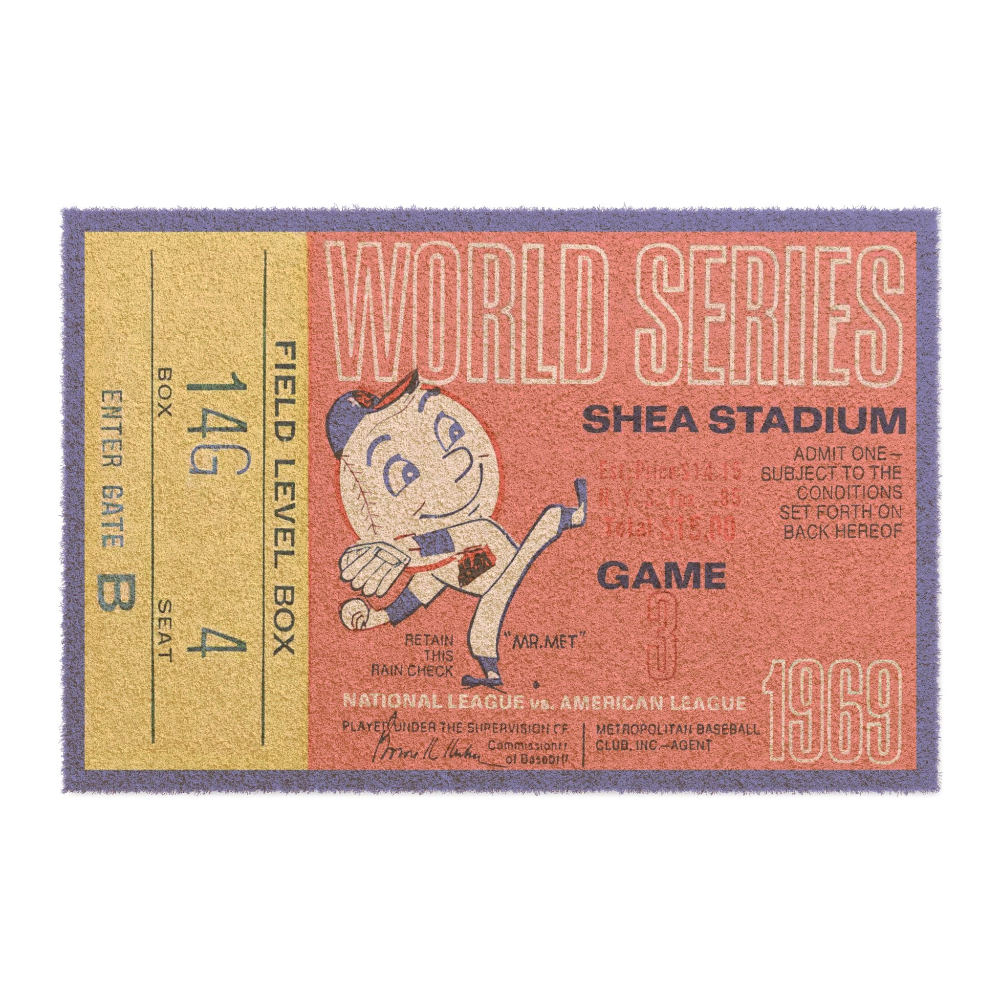 Doormat, 1969 Vintage Baseball World Series Ticket - New York Mets - Shea Stadium - Game 3, Entryway Rug, Baseball Fan Gift, Sports