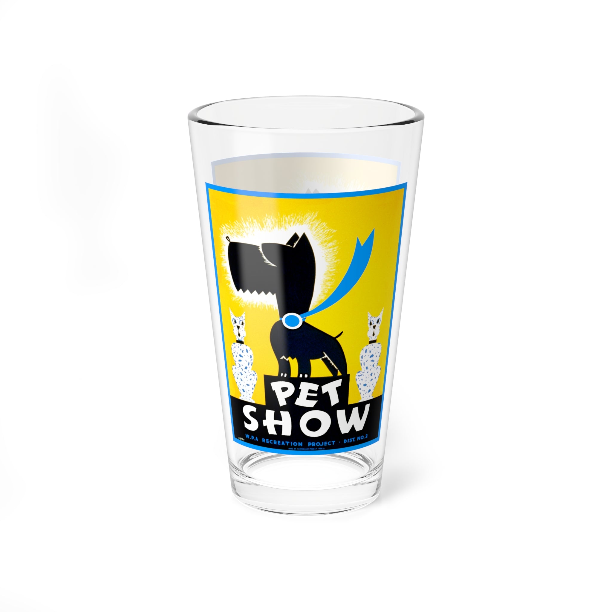 Glassware, 16oz Mixing Glass with 1930's WPA Pet Show Poster Design, Vintage Retro Barware, Cocktail Tumbler, Kitchen Decor, Unique Gift