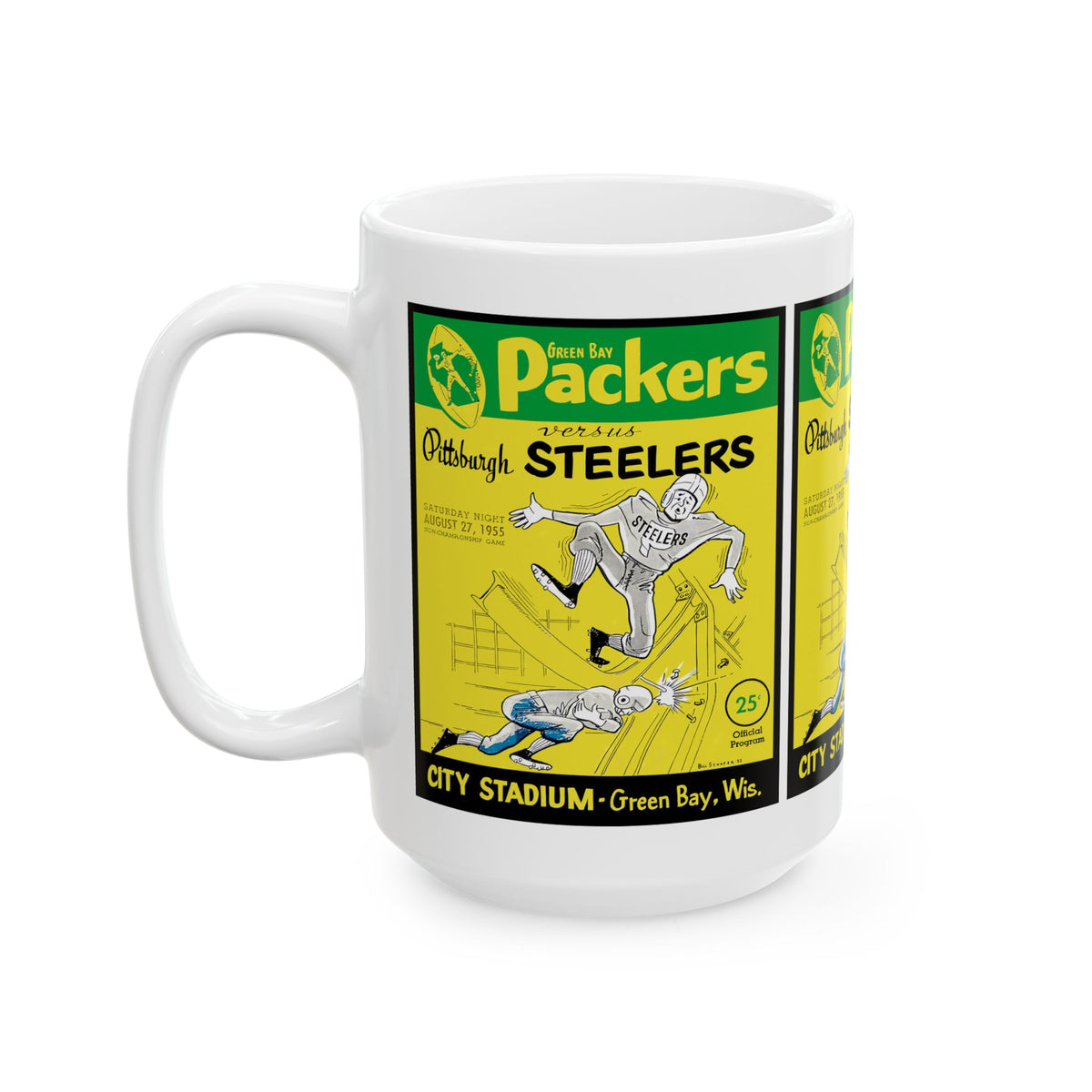 Vintage 1955 Football Ceramic Mug, Green Bay Packers - Pittsburgh Steelers Fan Drinkware, 1955 Sports Memorabilia Gift Cup, 11oz 15oz,
