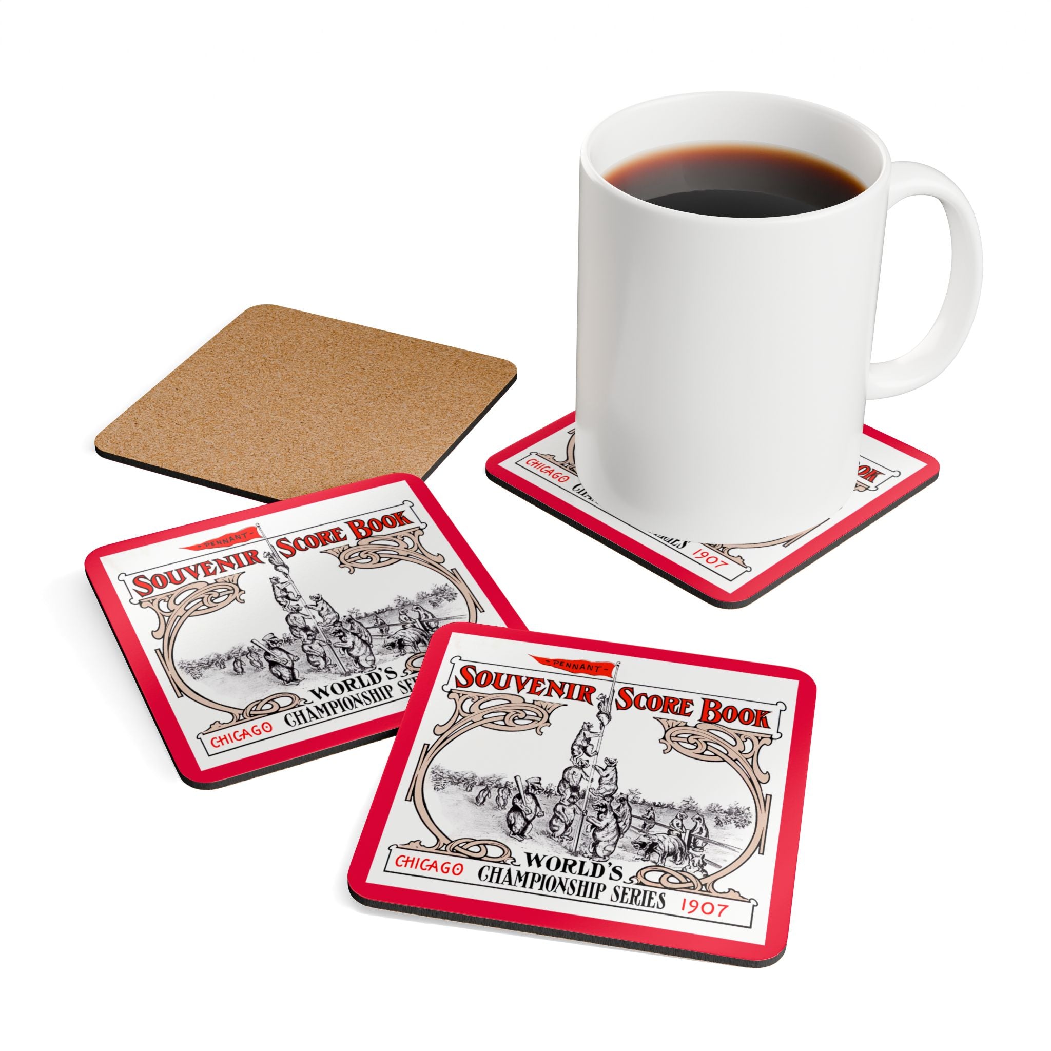 1907 Baseball World Series Chicago Cubs - Detroit Tigers- Corkwood Coaster Set