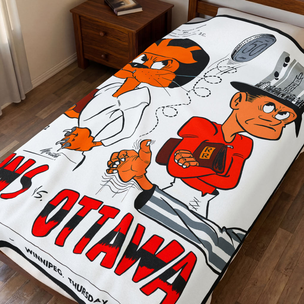 Velveteen Plush Blanket, 1960 CFL Football Ottawa Rough Riders - BC Lions, Vintage Sports Throw, Retro Football Bedding, Cozy Fleece