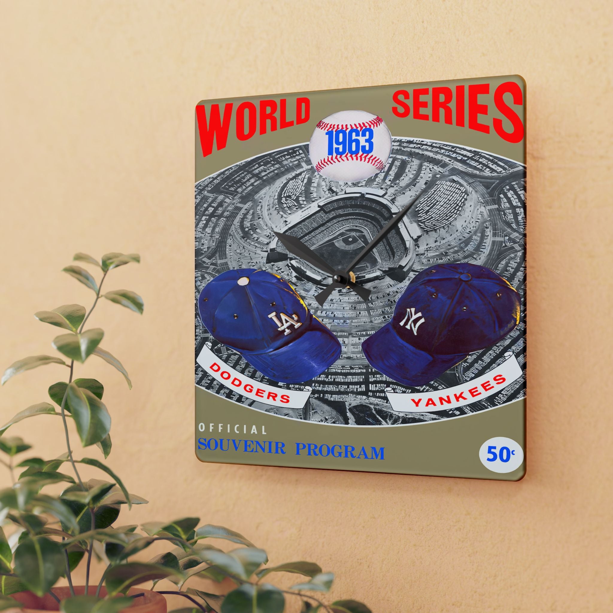 Vintage Baseball World Series Acrylic Wall Clock, 1963 Dodger Stadium Yankees Dodgers, Sports Memorabilia, Home Decor Gift for Baseball Fans