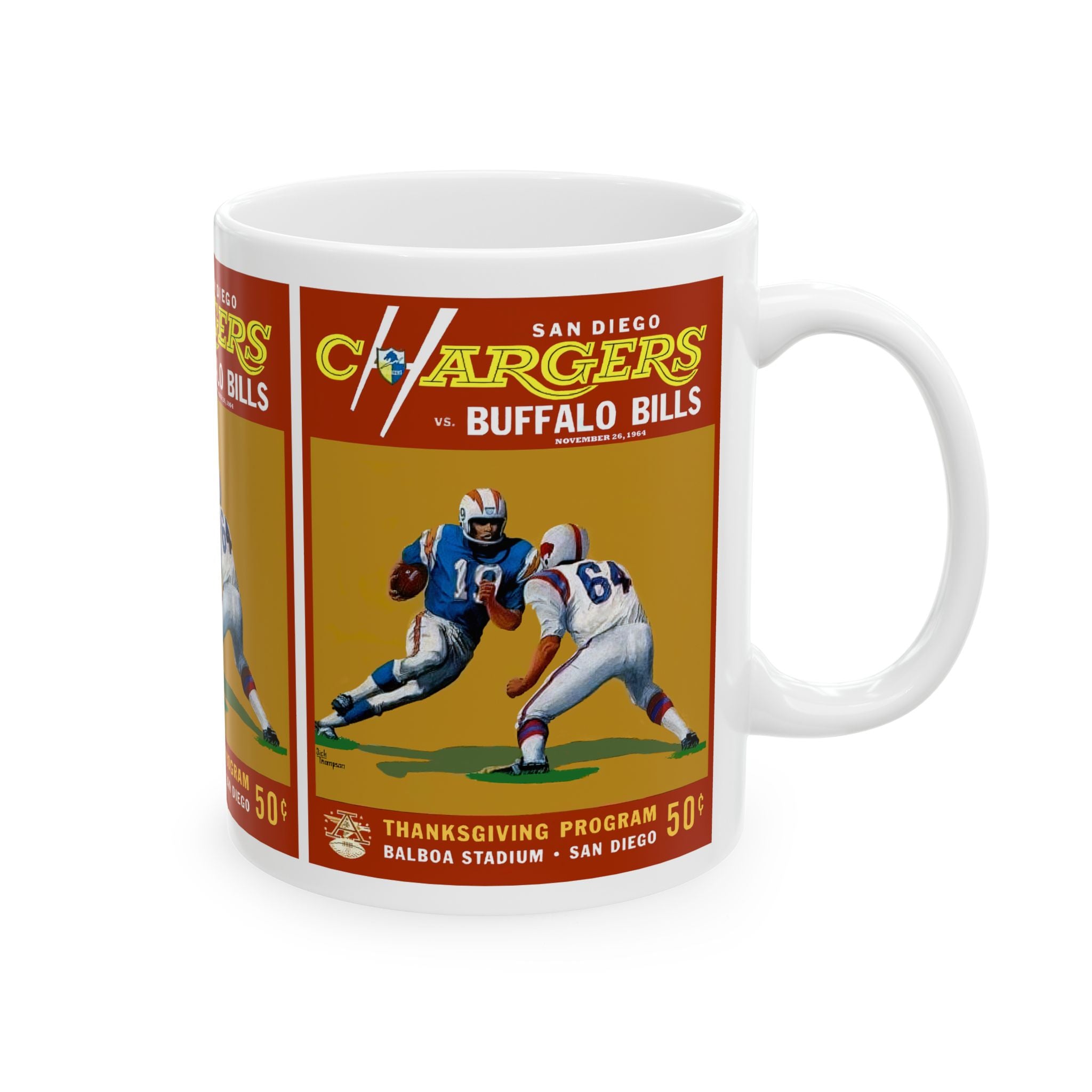 Football Ceramic Mug, 1964 San Diego Chargers Buffalo Bills Sports Fan 11oz White Coffee Cup, Gift for Football Enthusiast, Sports Lover,
