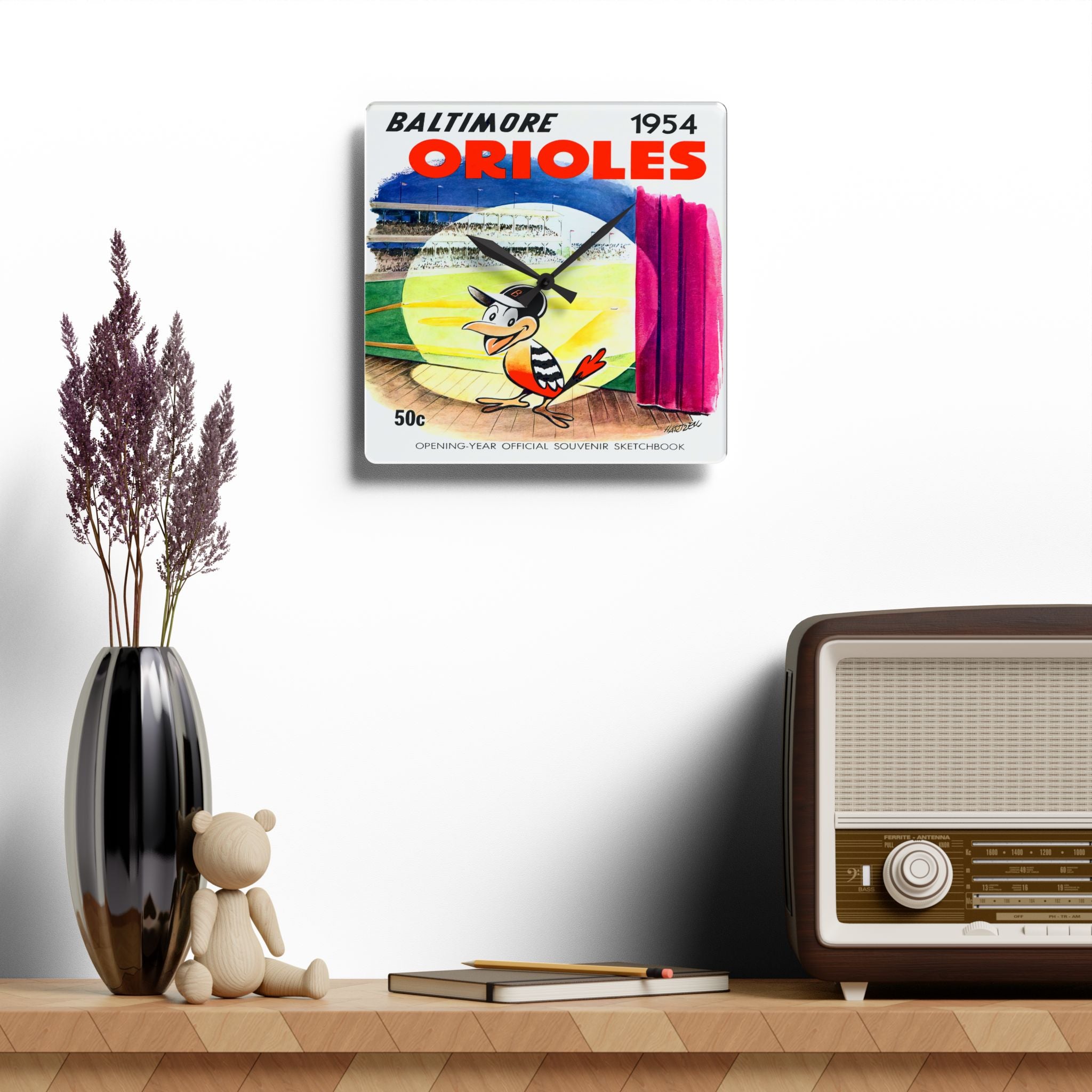 1954 Vintage Baltimore Orioles Baseball Sketchbook Cover - Acrylic Wall Clock