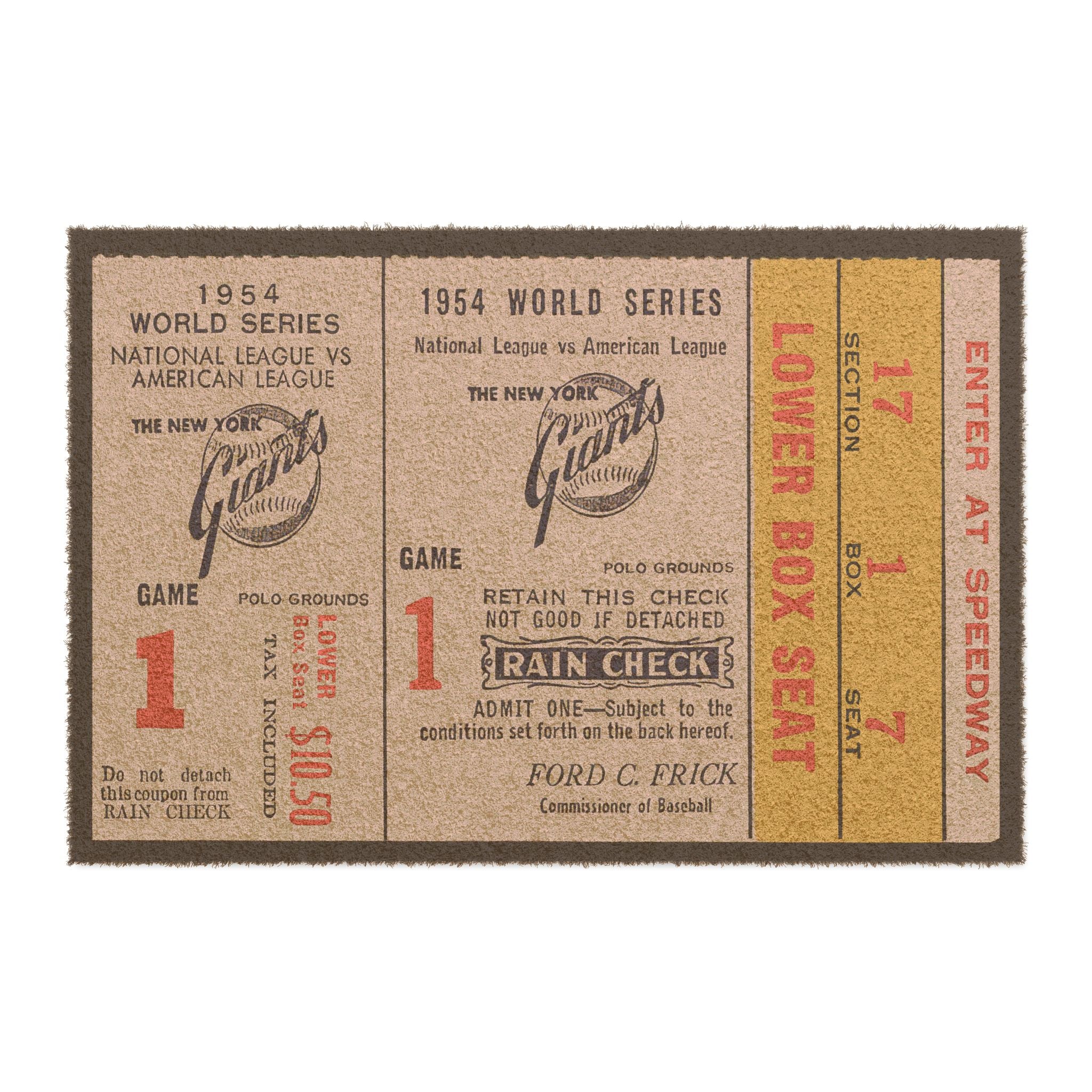 Doormat, Vintage Baseball 1954 Baseball World Series Ticket Rug, Sports Fan Gift, Baseball Home Decor, Entryway Mat, Willie Mays Catch