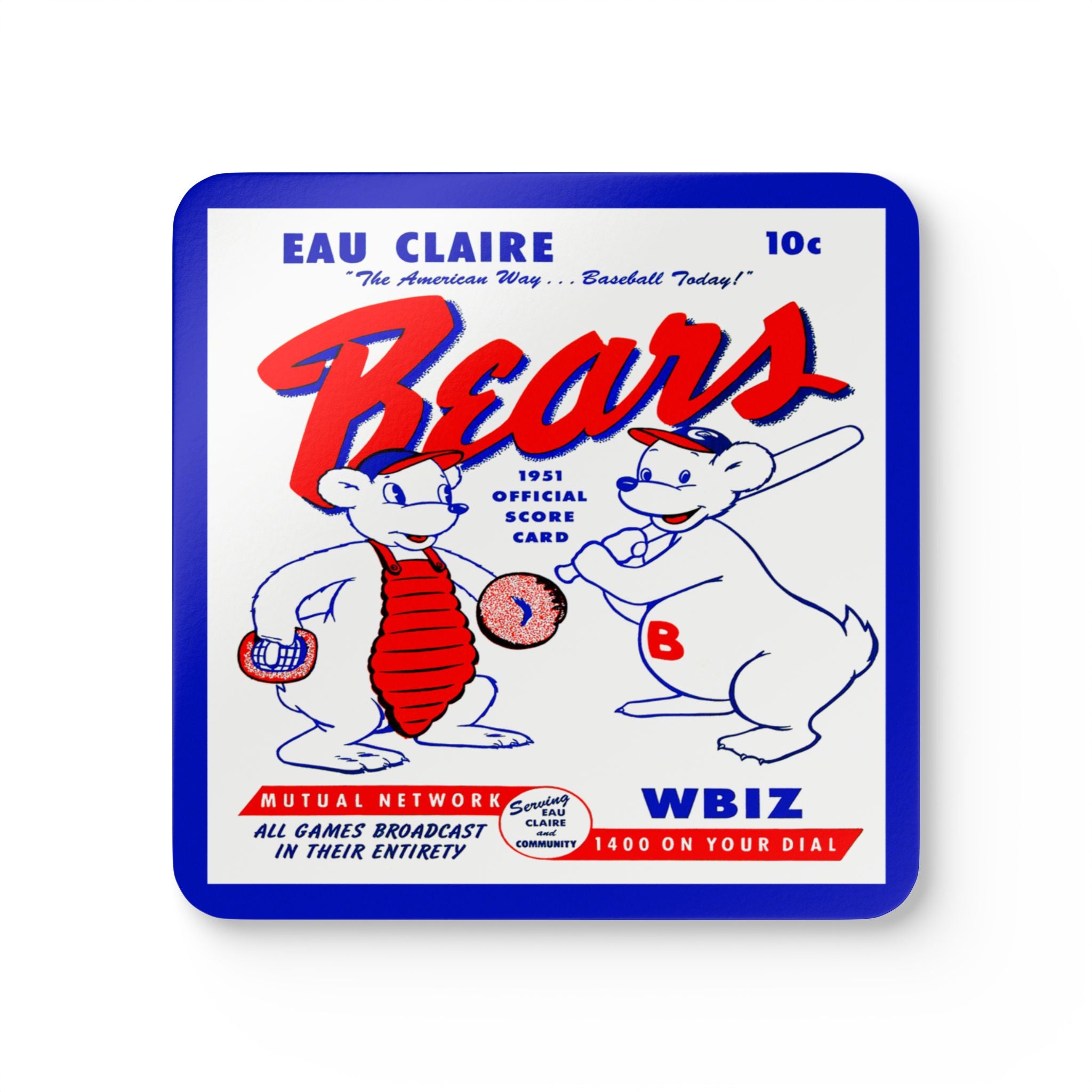 1951 Vintage Eau Claire Bears Baseball Scorecard Cover - Corkwood Coaster Set