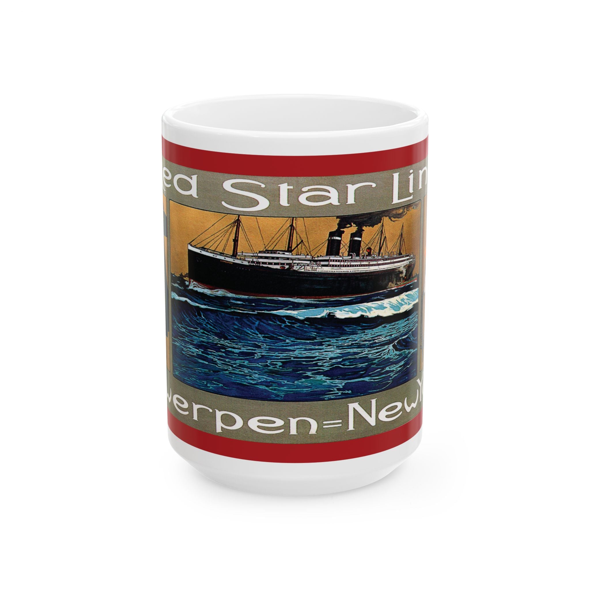 Vintage Red Star Line Poster Ceramic Mug, Antwerpen to New York, 11oz 15oz Cup Gift Souvenir Home Decor Kitchenware, Traveler Wanderlust