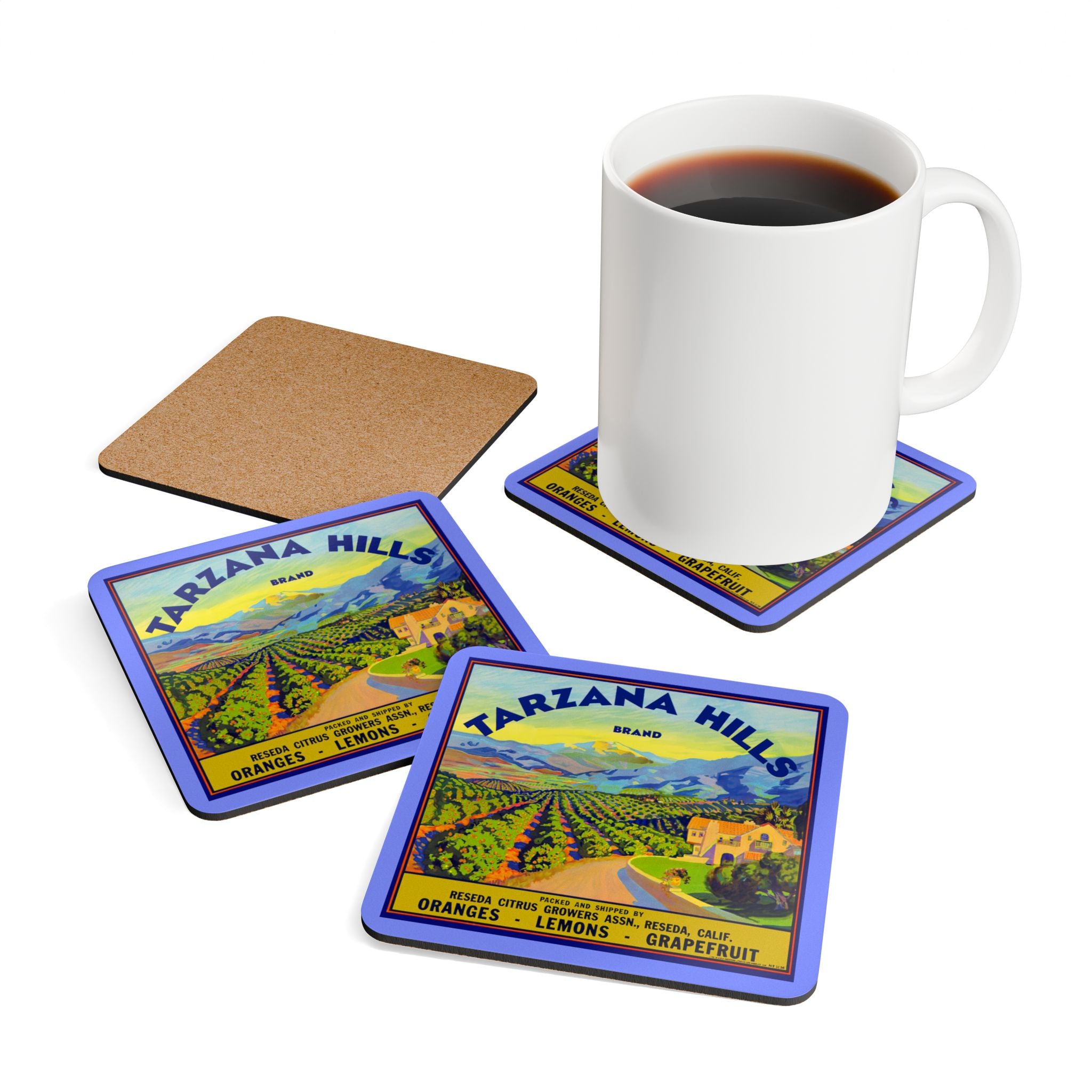 Vintage Produce Label - Tarzana Hills - Corkwood Coaster Set