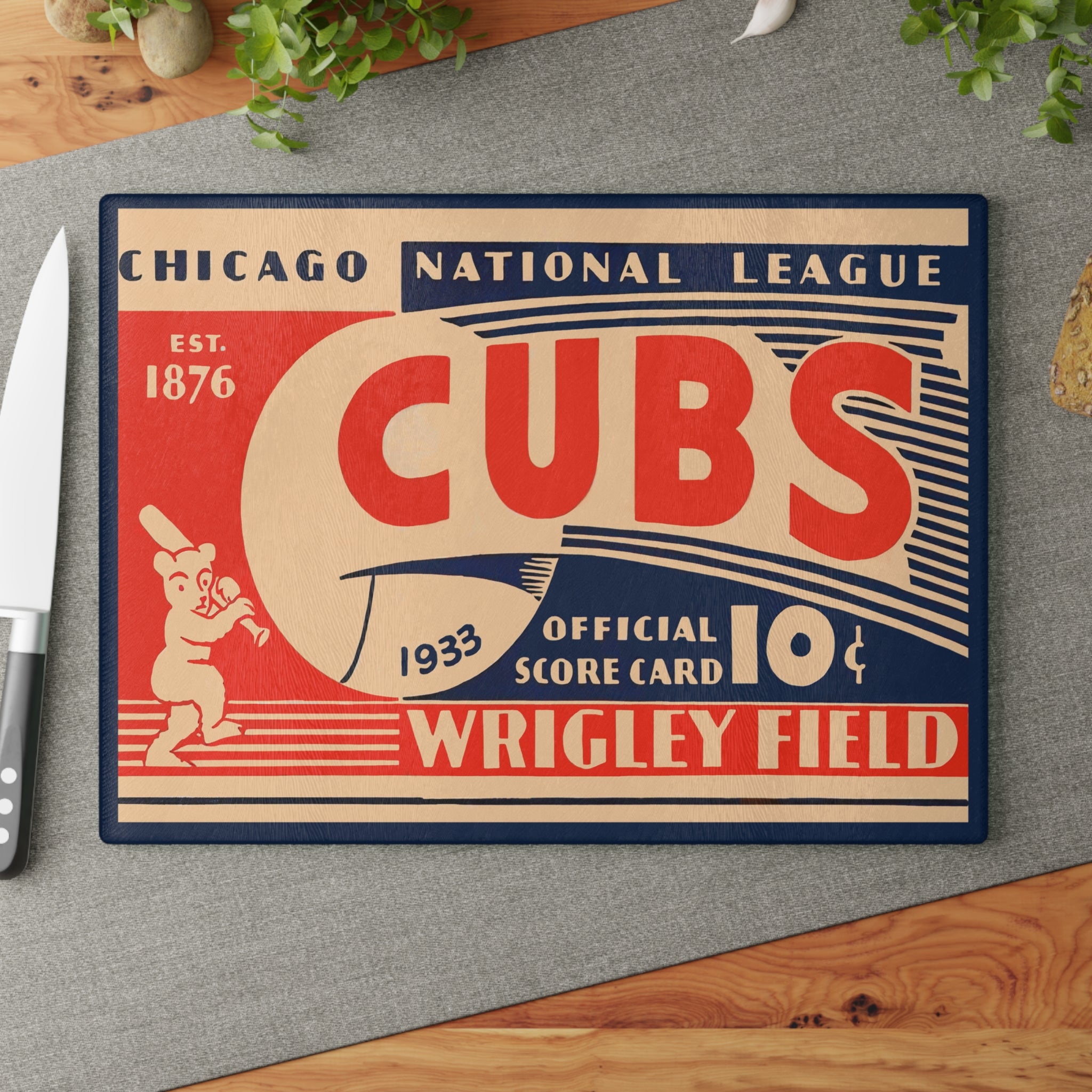 Vintage 1933 Cubs Baseball Glass Cutting Board - Perfect for Sports Fans, Kitchen Decor, Father's Day Gift, Baseball Memorabilia, Unique