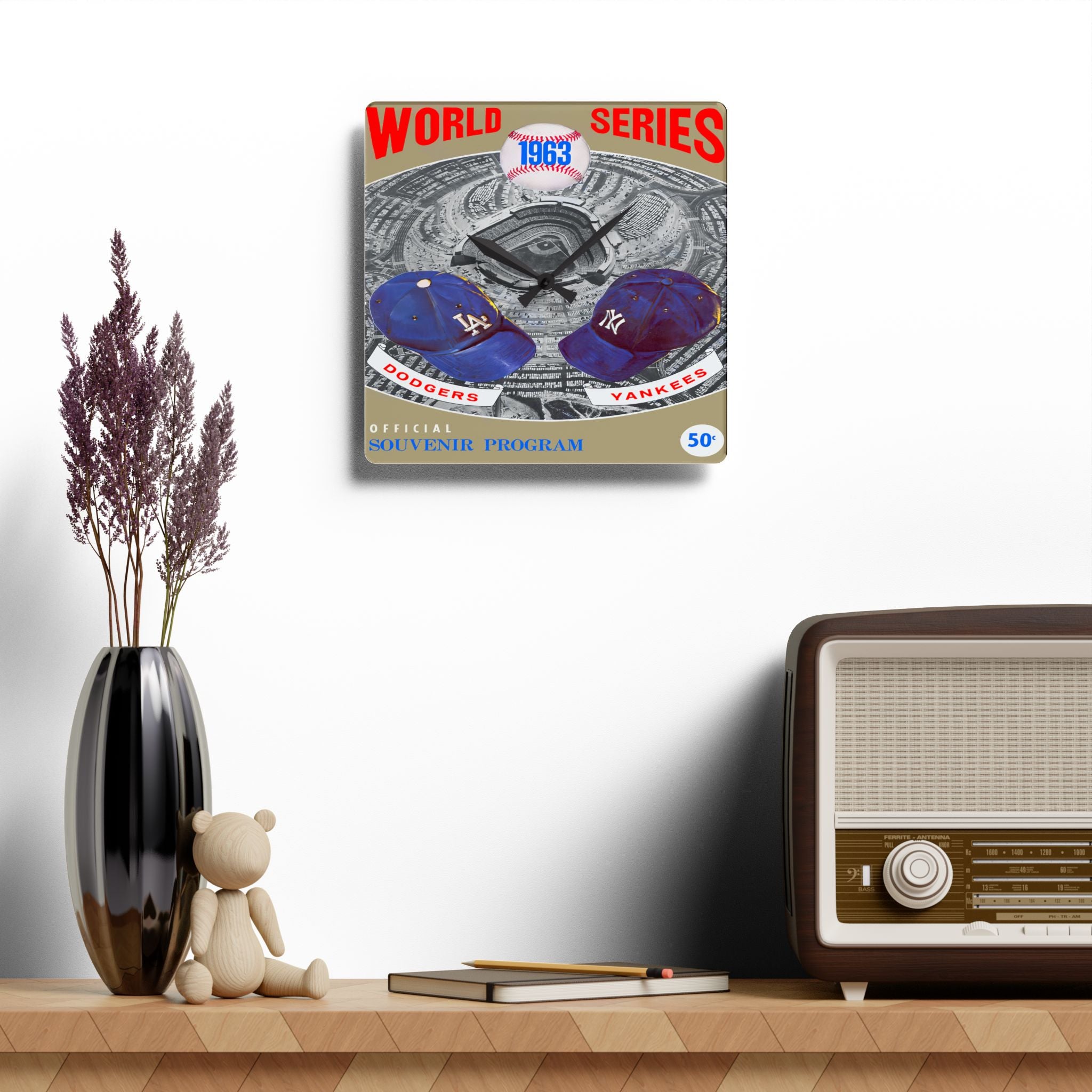Vintage Baseball World Series Acrylic Wall Clock, 1963 Dodger Stadium Yankees Dodgers, Sports Memorabilia, Home Decor Gift for Baseball Fans