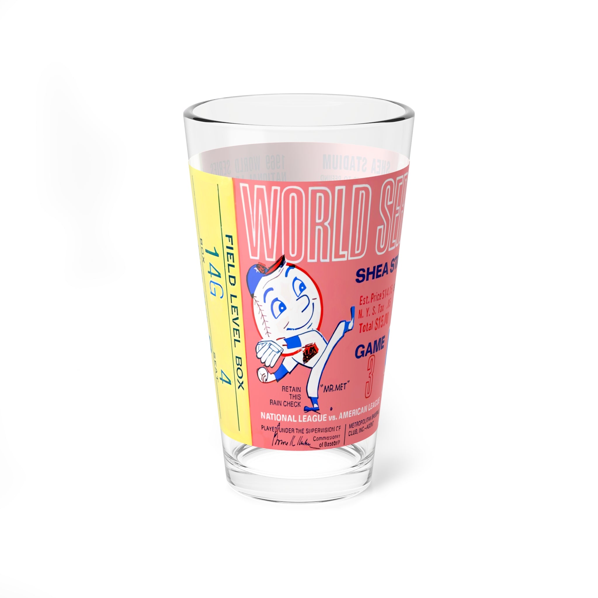 Mixing Glass, 16oz - 1969 Baseball World Series Ticket - New York Mets - Game 3 Shea Stadium, Vintage Sports Barware, Collectible Glassware,