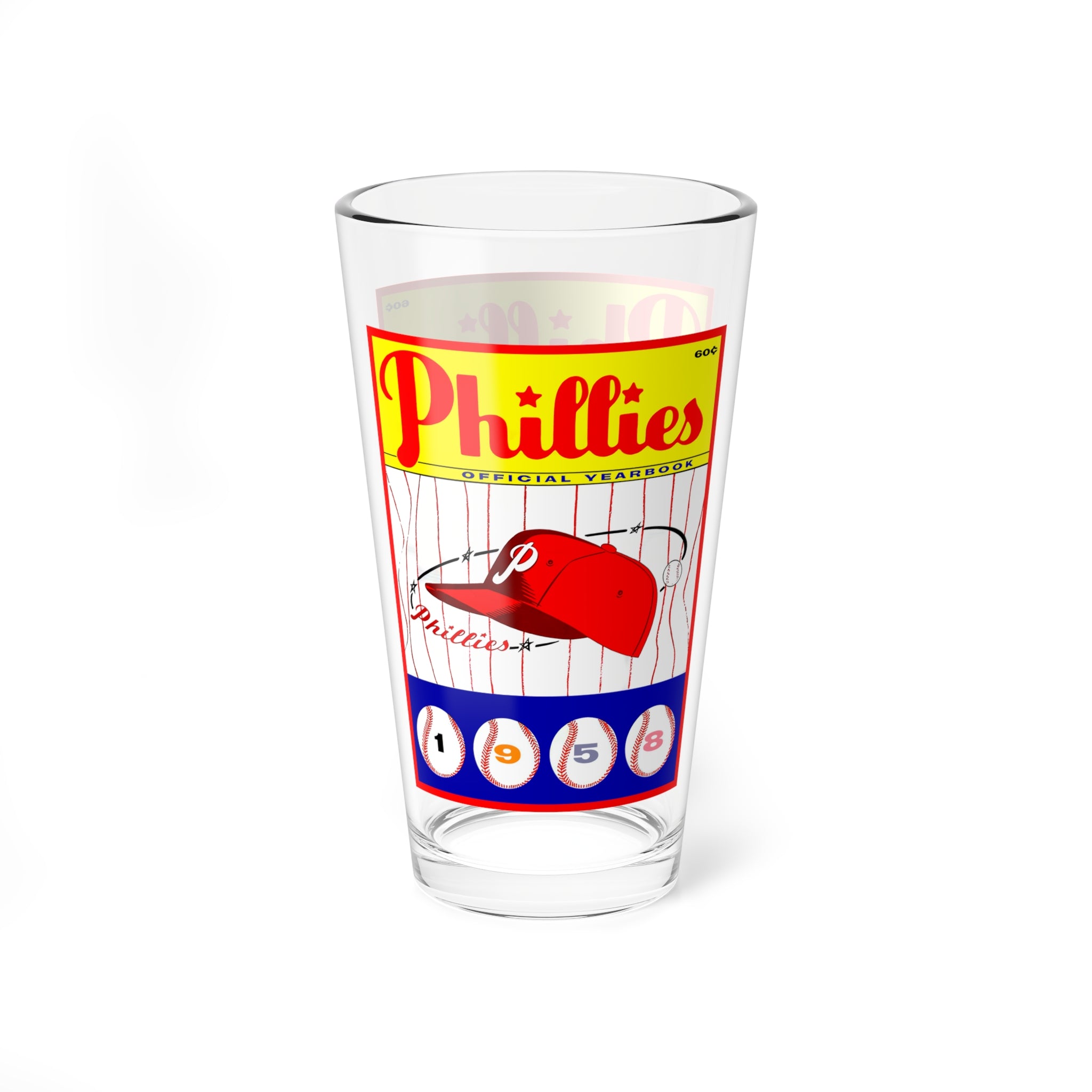 Mixing Glass, 16oz - 1958 Baseball Philadelphia Phillies Yearbook, Vintage Sports Fan Gift, Baseball Memorabilia, Barware Decor, Gift for