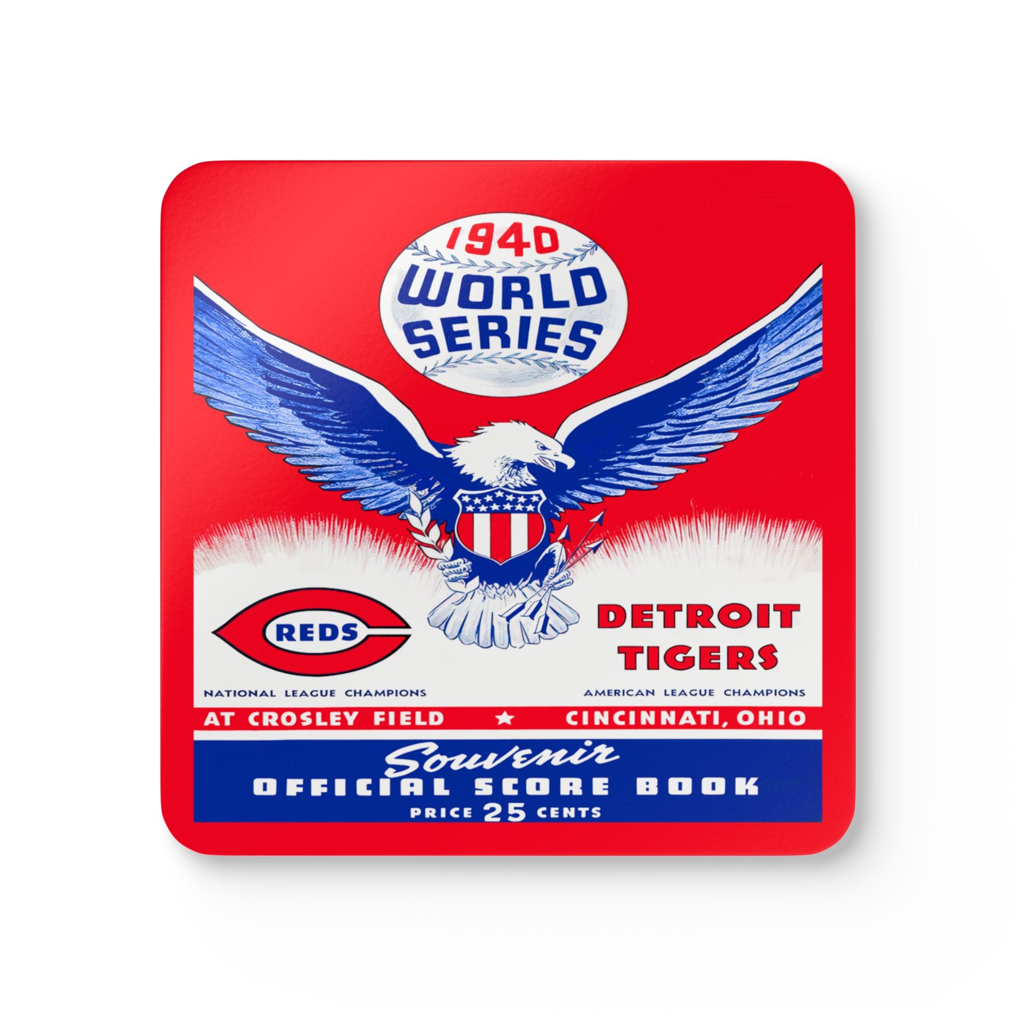 1940 Vintage Detroit Tigers - Cincinnati Reds Baseball World Series Program Cover - Corkwood Coaster Set