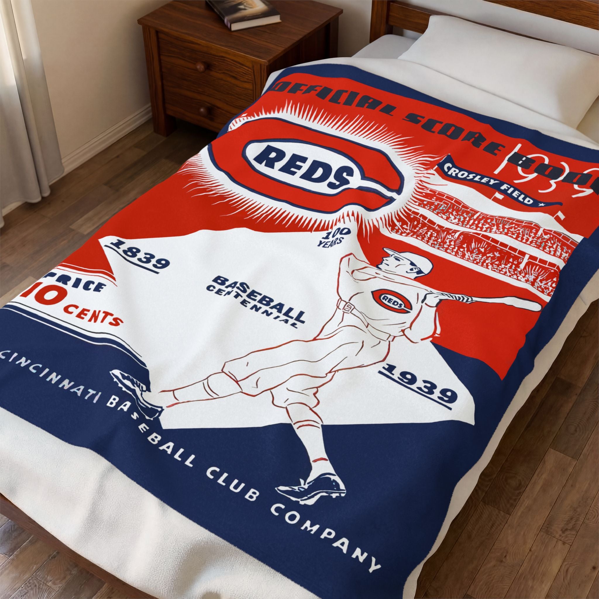 Velveteen Plush Blanket, Cincinnati Reds ScoreBook Cover Design, Baseball Fan Gift, Soft Throw Blanket, Home Decor, Vintage Sports