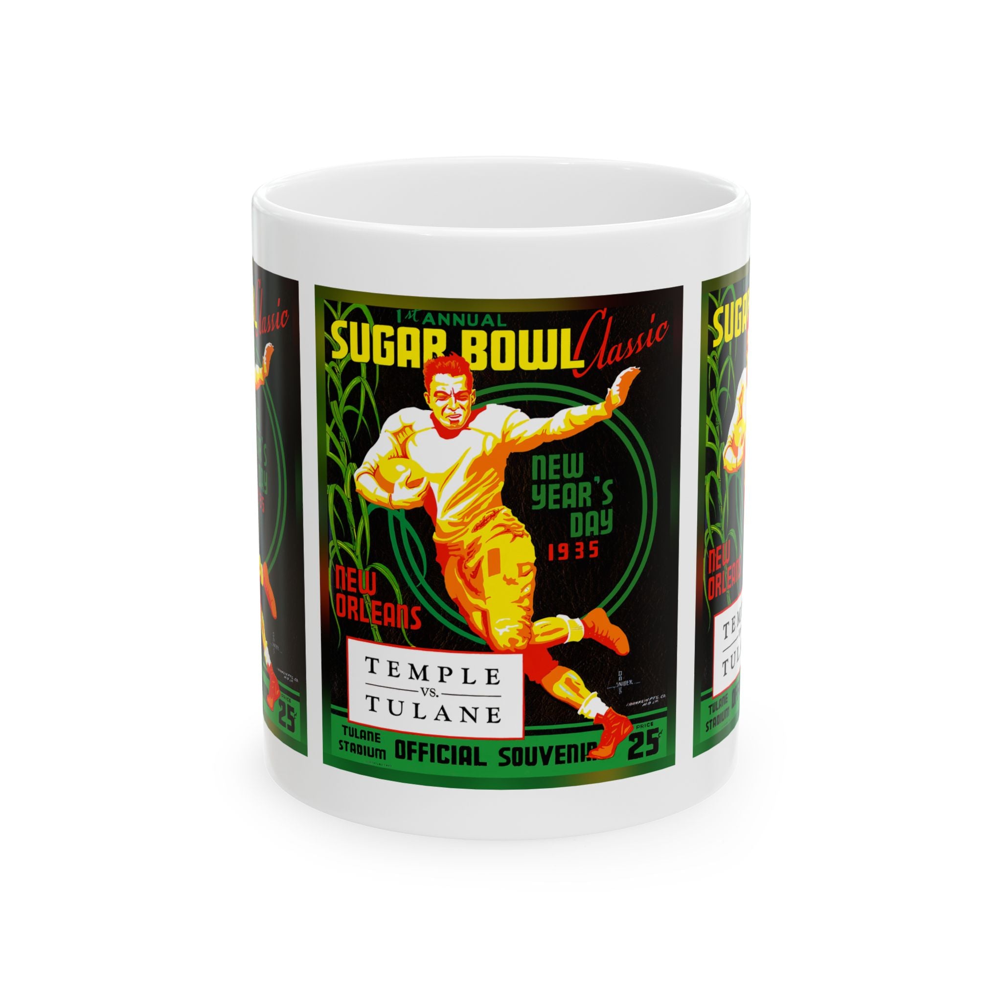 1934 Vintage Sugar Bowl - Temple Owls - Tulane Green Waves Football Program Cover  - Ceramic Mug, 11oz