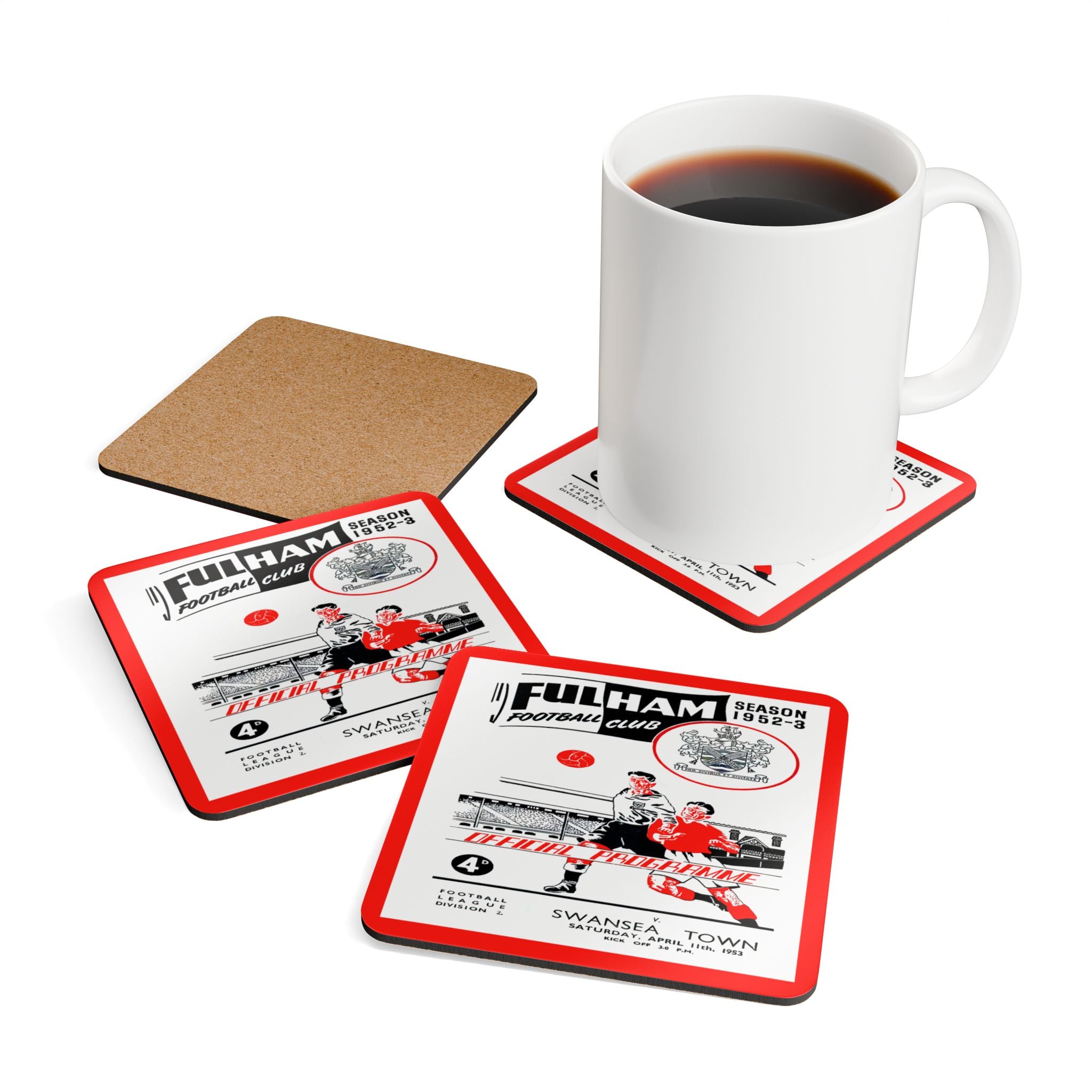 1953 Vintage Fulham Football Club - Swansea Town English Football Program Cover - Corkwood Coaster Set