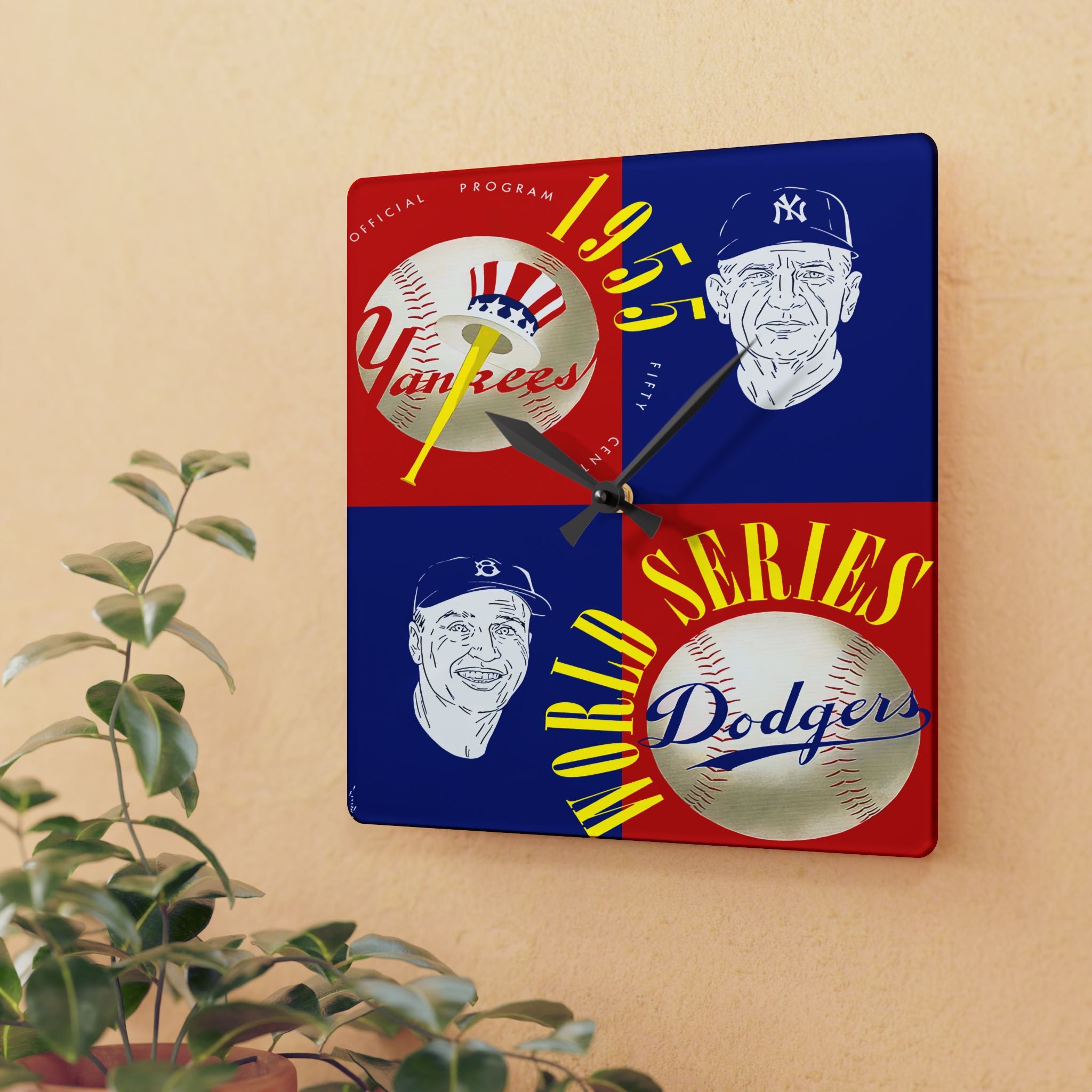 Vintage New York Yankees Wall Clock, Brooklyn Dodgers Baseball World Series Program Cover, 1955 Acrylic Clock, Sports Fan Gift, Baseball