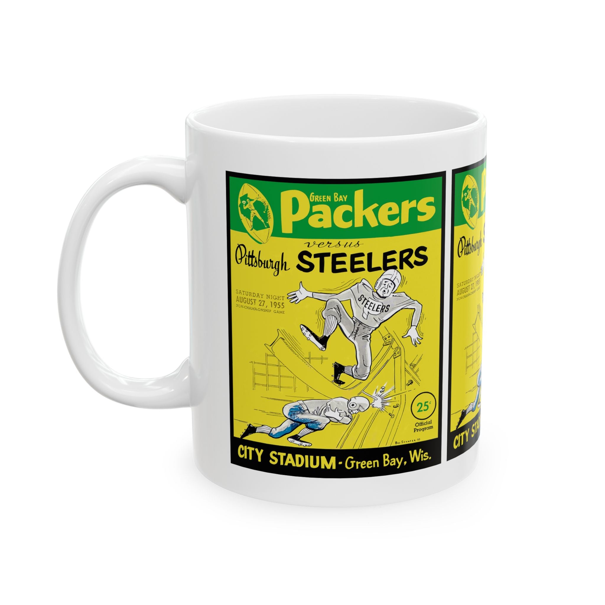 Vintage 1955 Football Ceramic Mug, Green Bay Packers - Pittsburgh Steelers Fan Drinkware, 1955 Sports Memorabilia Gift Cup, 11oz 15oz,