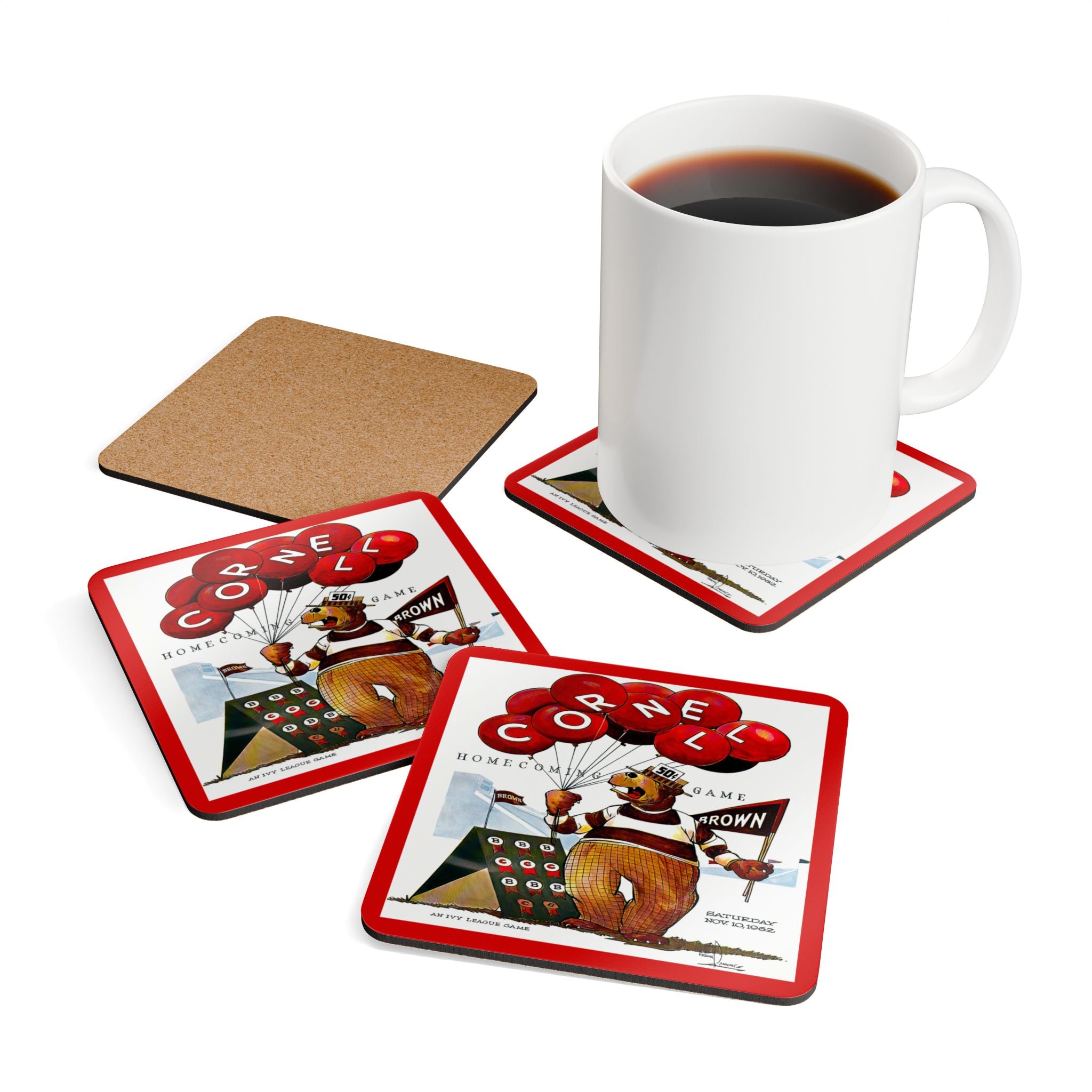 1962 Vintage Brown - Cornell Football Program Cover  - Corkwood Coaster Set