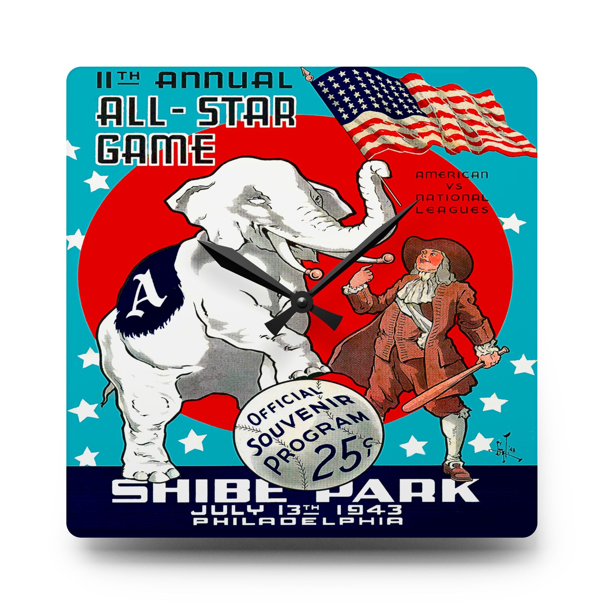 1943 Vintage All-Star Baseball Game Program Cover -Shibe Park, Philadelphia  - Acrylic Wall Clock
