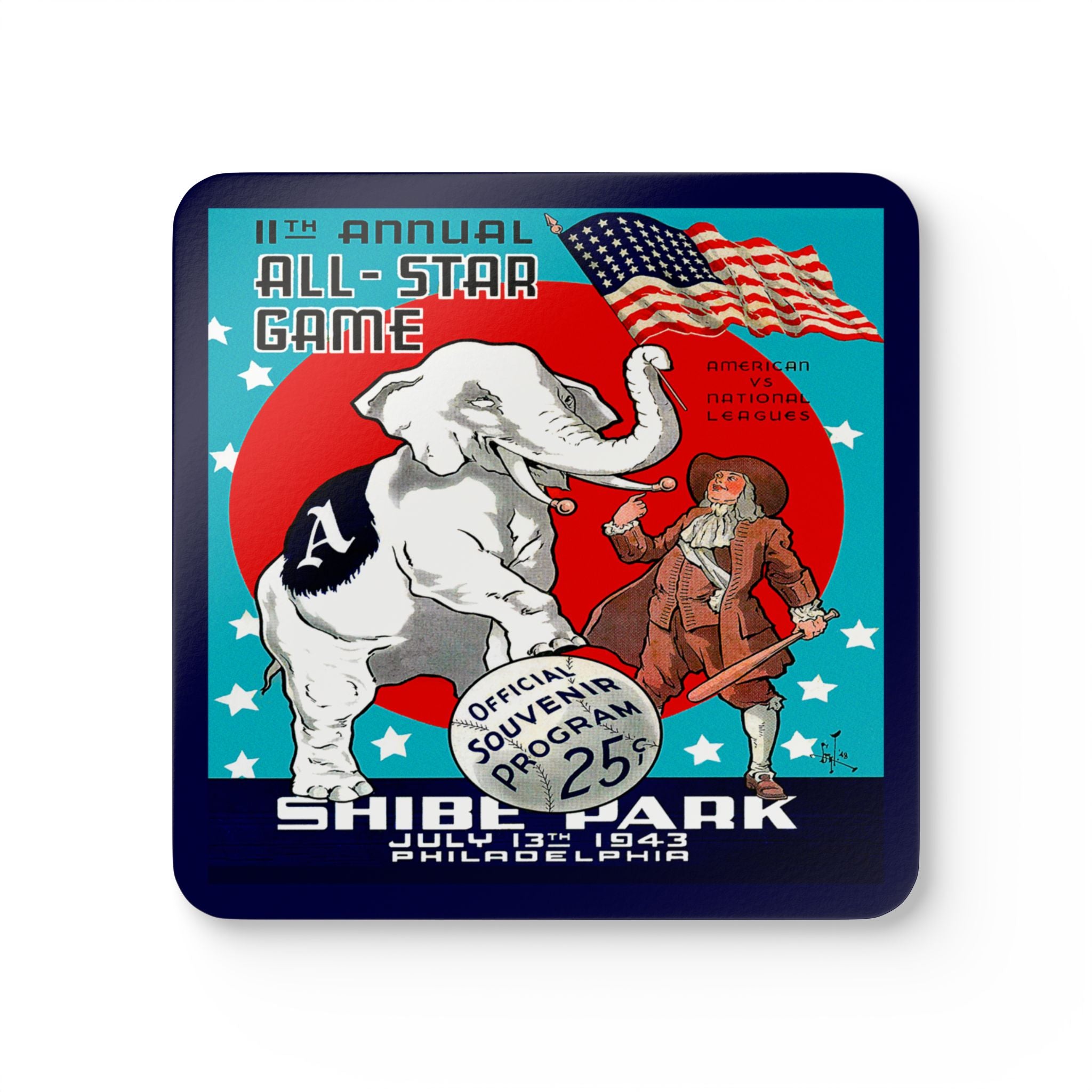 1943 Vintage All-Star Baseball Game Program Cover - Shibe Park, Philadelphia - Corkwood Coaster Set