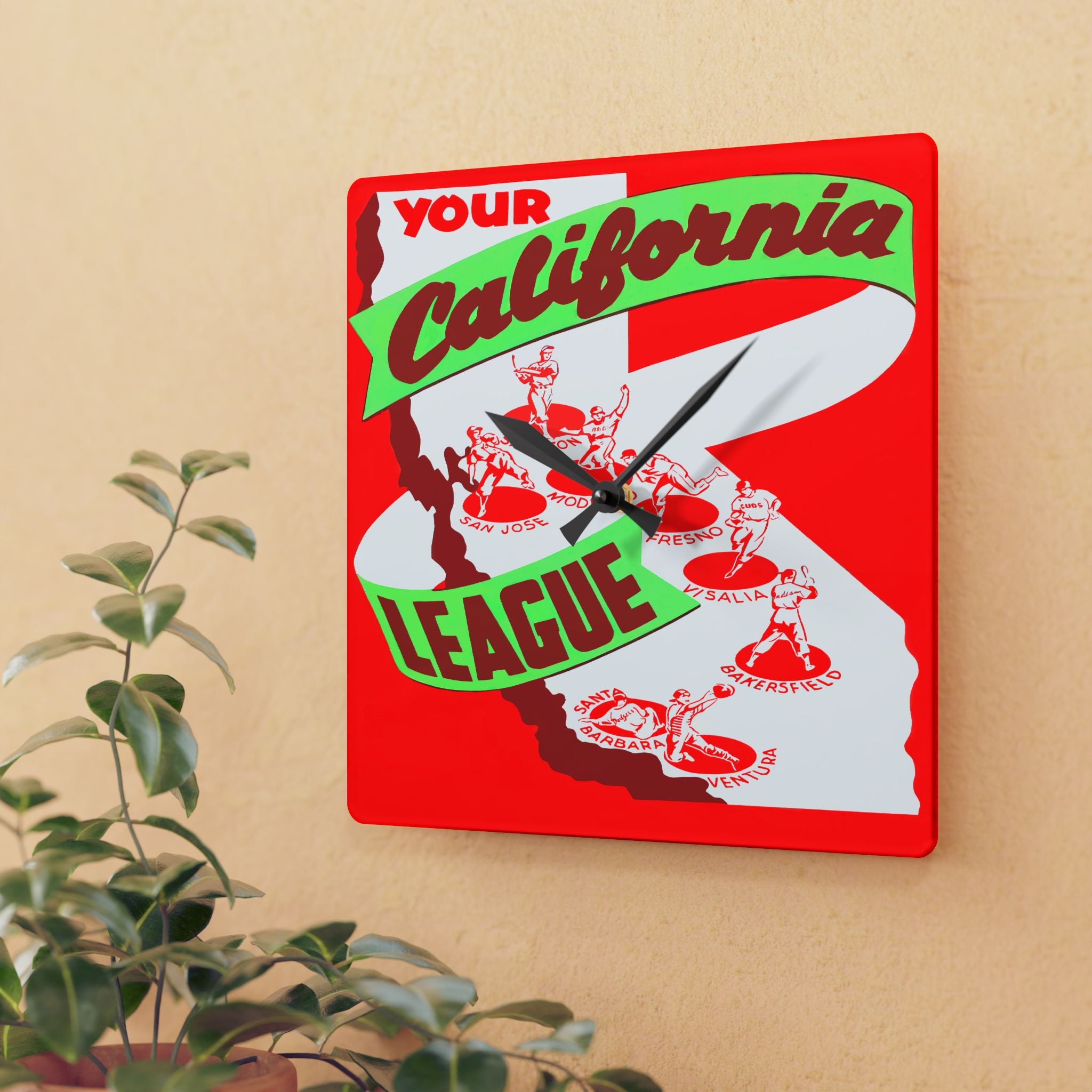 Baseball Wall Clock, California League Vintage 1949 Design, Sports Fan Gift, Acrylic Clock, Man Cave Decor, Unique Home Office Clock
