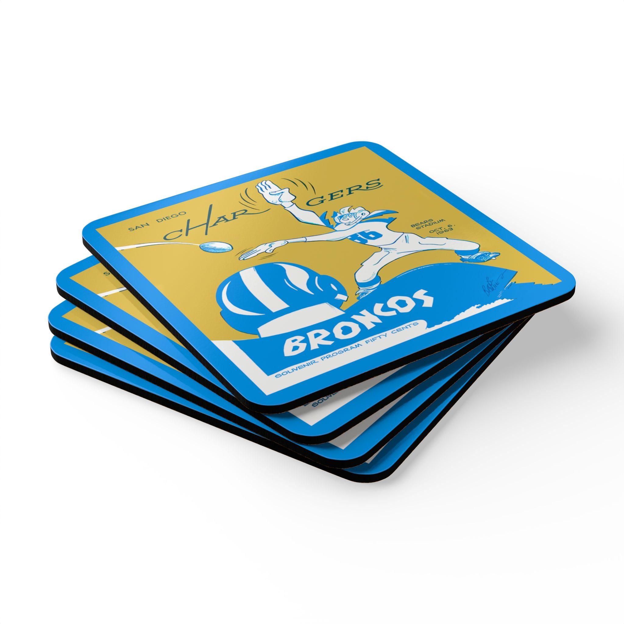 1963 Vintage Denver Broncos-San Diego Chargers Football Program Cover  - Corkwood Coaster Set