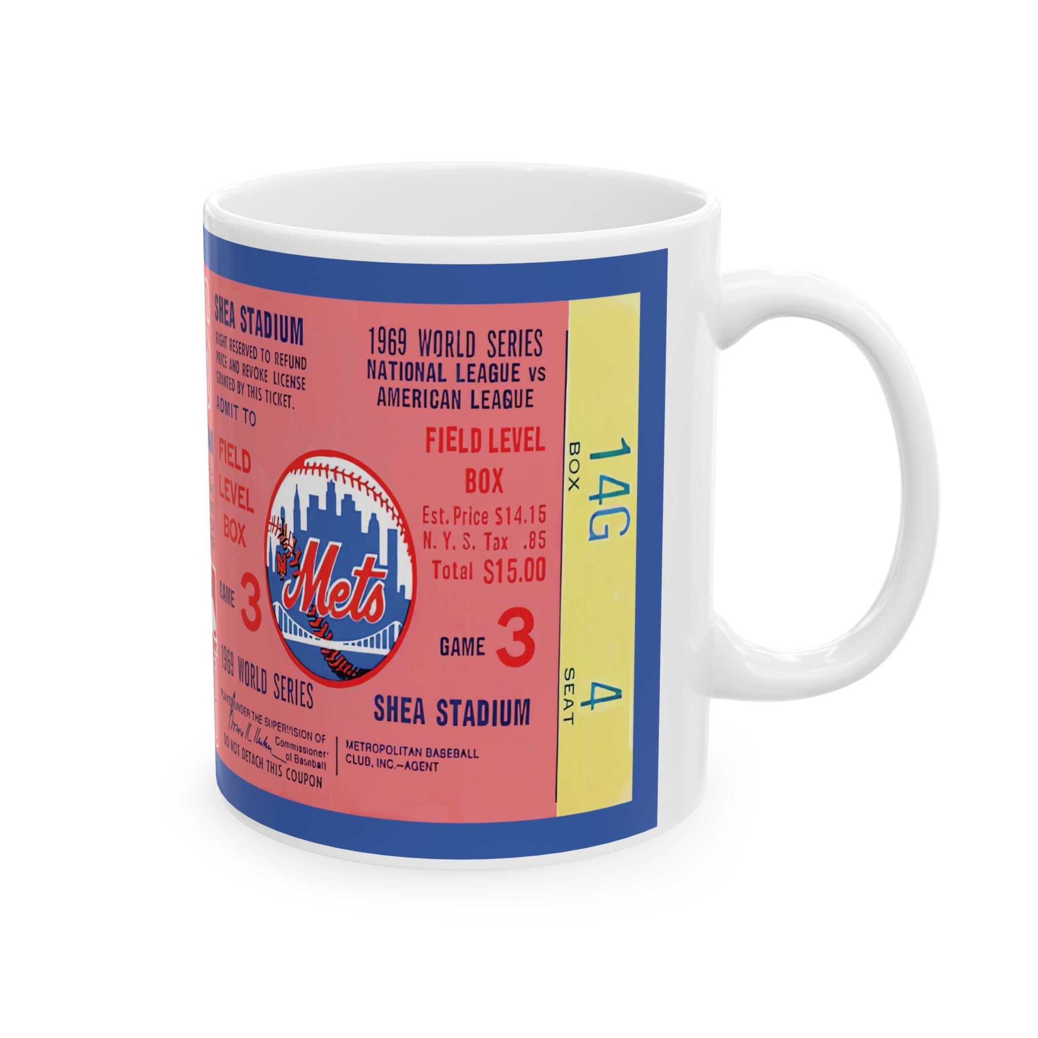 Ceramic Mug, 1969 World Series Game 3 Ticket - Shea Stadium - New York Mets Baseball, Sports Memorabilia Mug, Baseball Fan Gift, Vintage