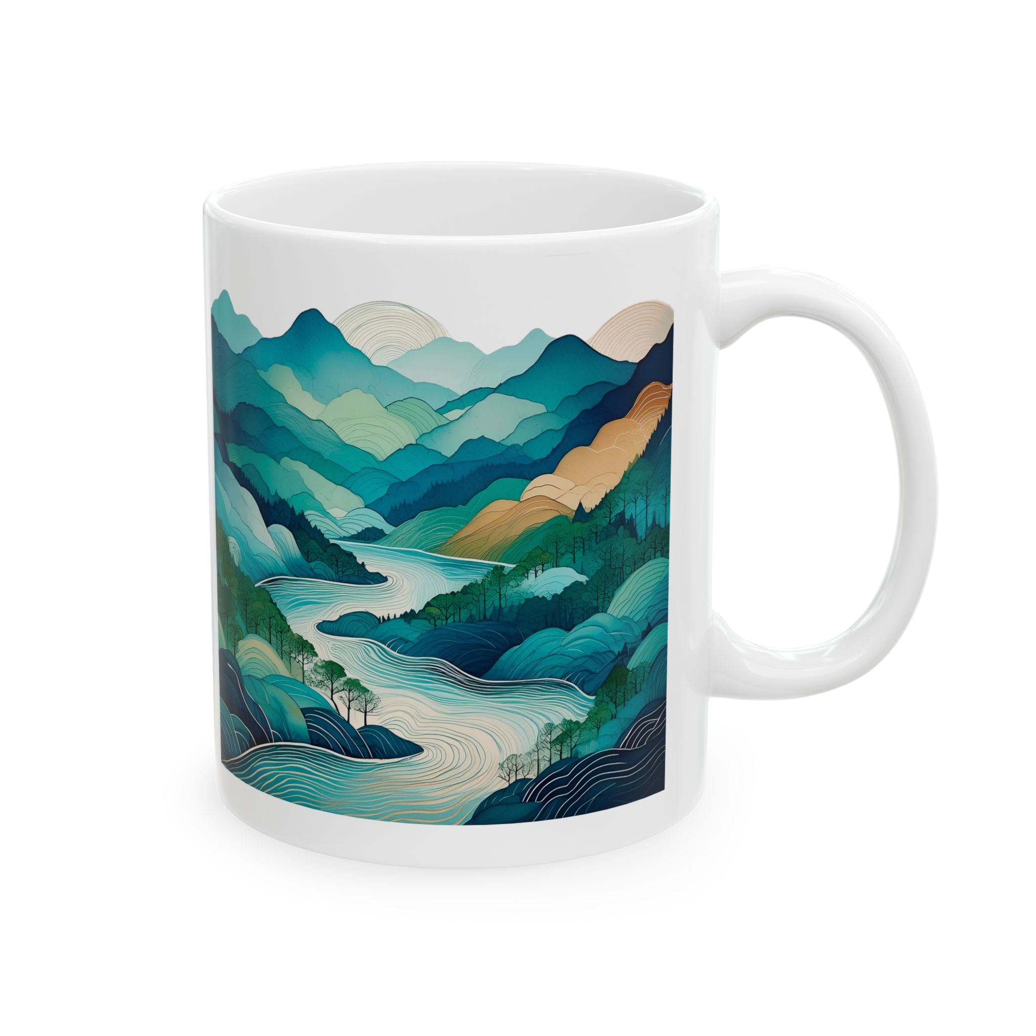 Mountain River Abstract Design - Ceramic Mug, 11oz