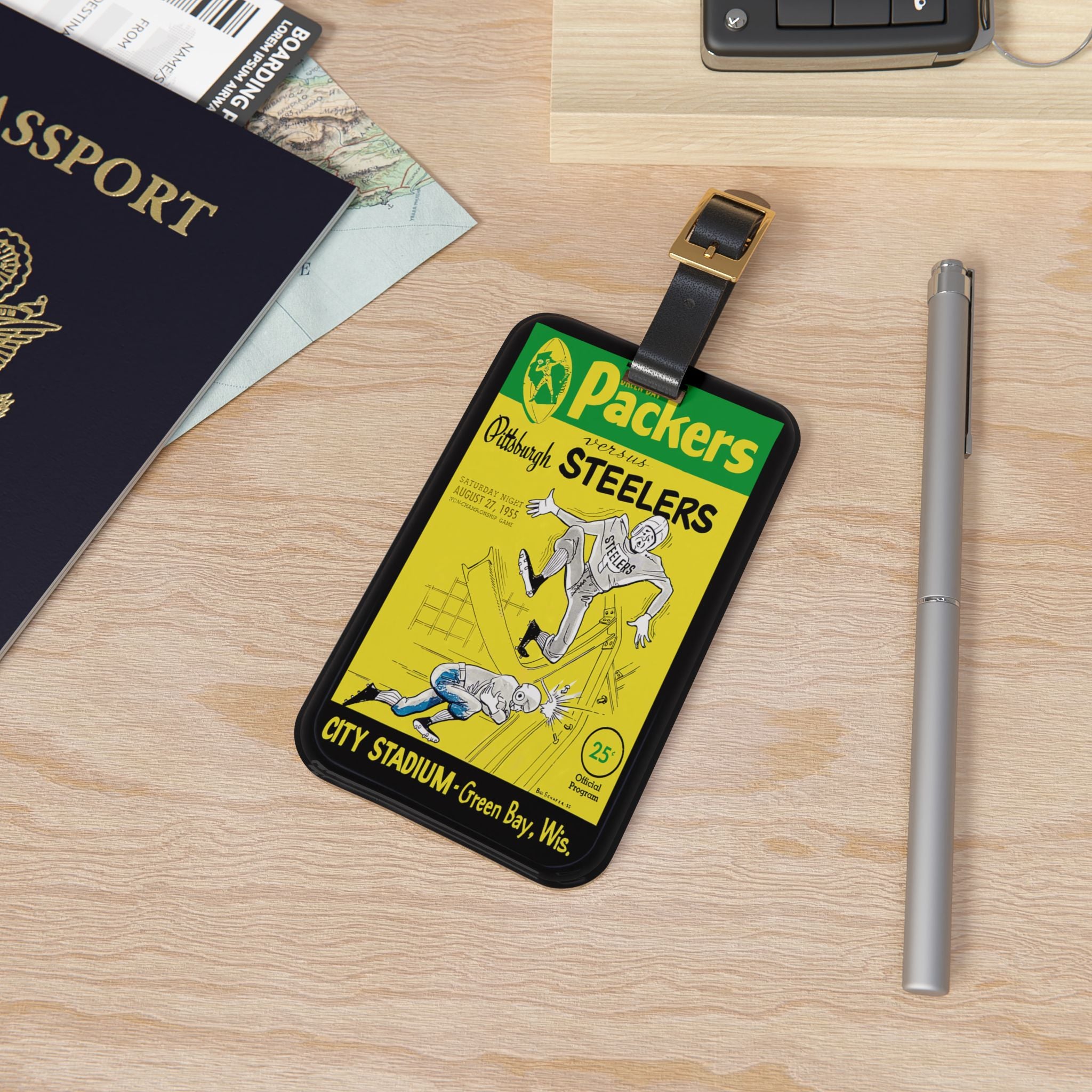 1955 Football Green Bay-Pittsburgh Luggage Tag | Vintage Sports Travel Accessory