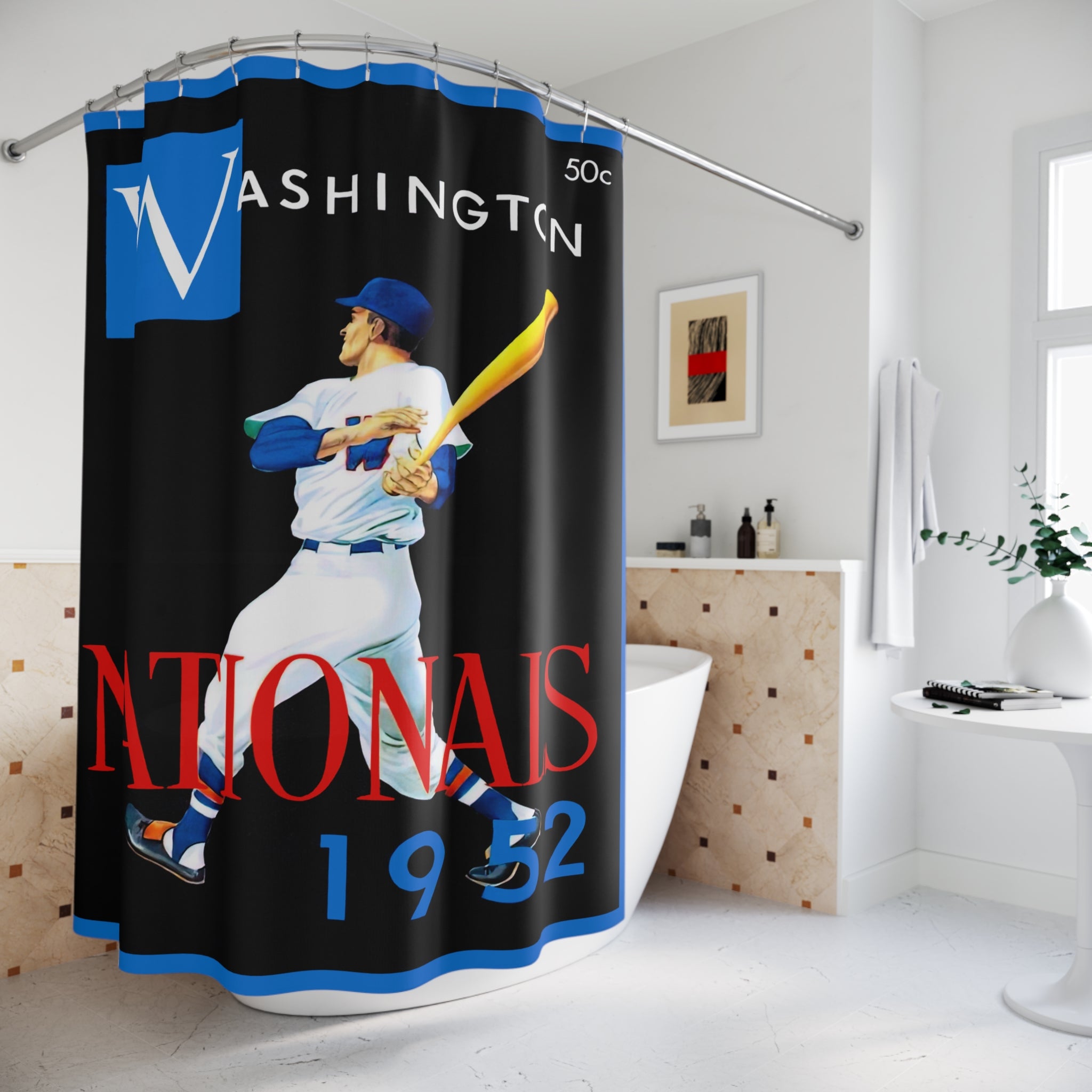 Vintage 1952 Baseball Washington Nationals Shower Curtain, Sports Fan Bathroom Decor, Baseball Memorabilia Home Decoration, Unique Gift for
