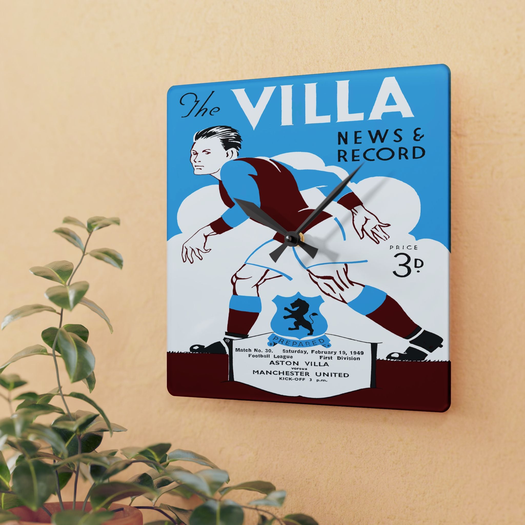 Vintage 1949 Aston Villa Manchester United Football Acrylic Clock, Sports Fan Gift, Soccer Wall Art Decor, Retro English Football, Unique