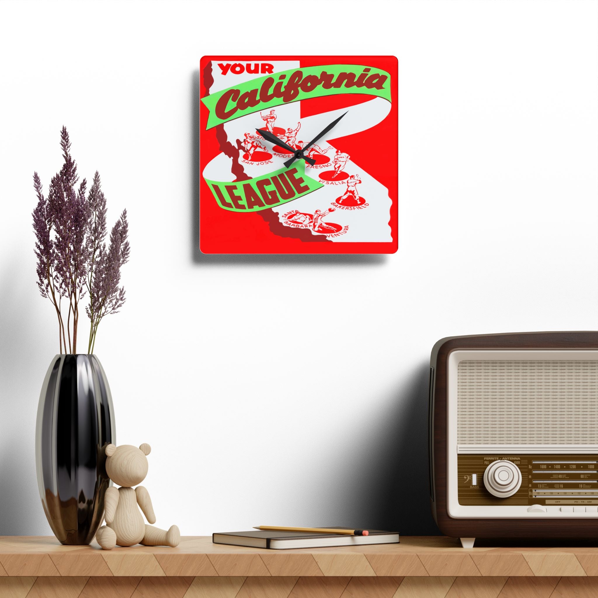 Baseball Wall Clock, California League Vintage 1949 Design, Sports Fan Gift, Acrylic Clock, Man Cave Decor, Unique Home Office Clock