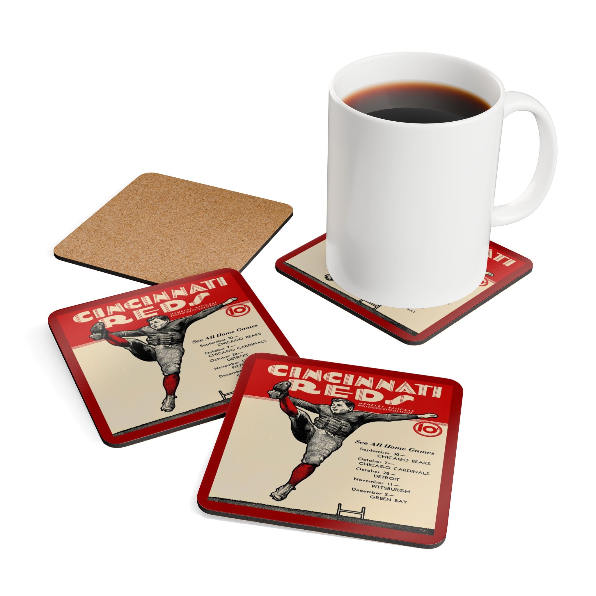 1934 Vintage Cincinnati Reds Football Schedule - Corkwood Coaster Set