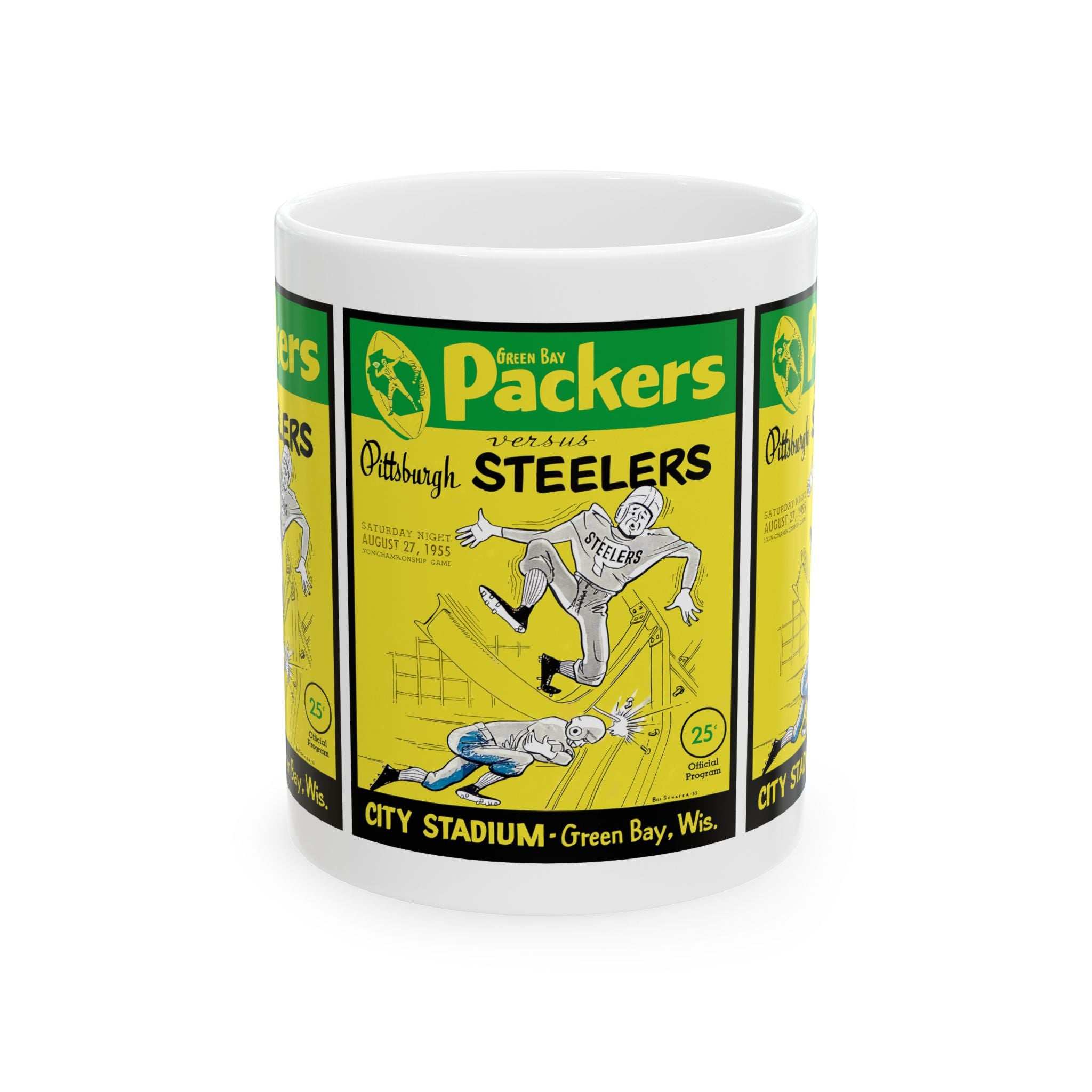 Vintage 1955 Football Ceramic Mug, Green Bay Packers - Pittsburgh Steelers Fan Drinkware, 1955 Sports Memorabilia Gift Cup, 11oz 15oz,