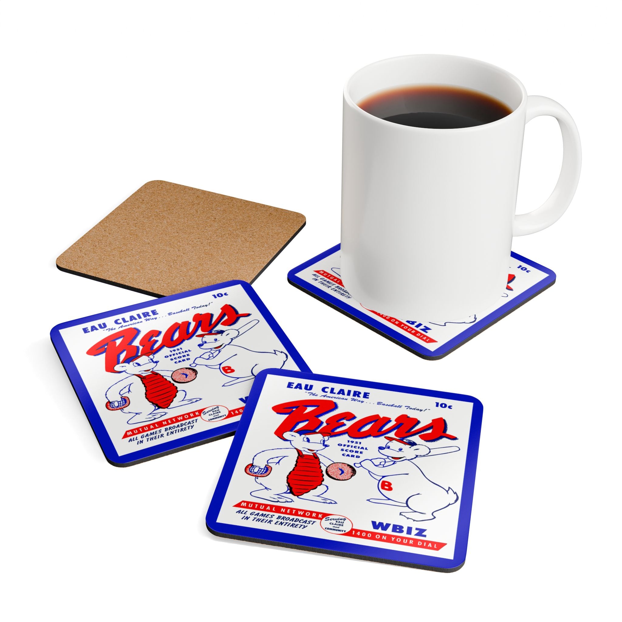 1951 Vintage Eau Claire Bears Baseball Scorecard Cover - Corkwood Coaster Set