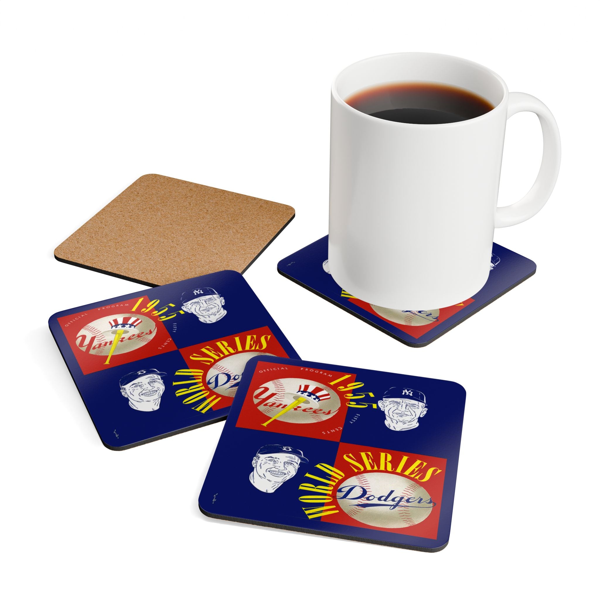 1955 Vintage New York Yankees - Brooklyn Dodgers Baseball World Series Program Cover  - Corkwood Coaster Set