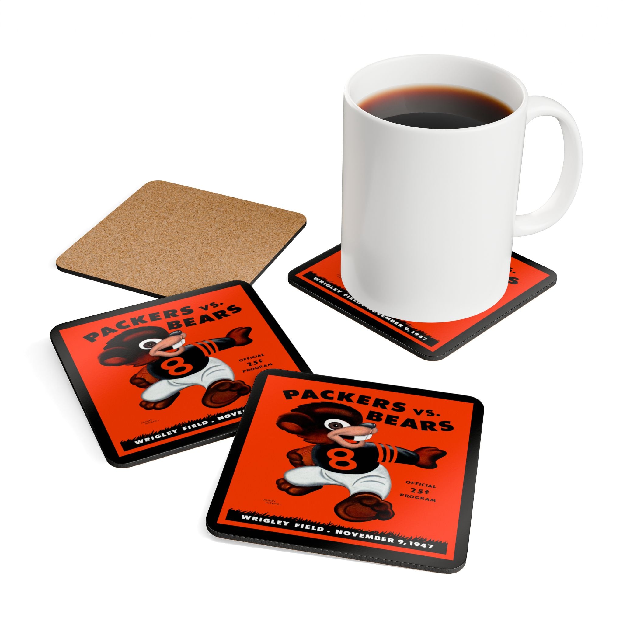 1947 Vintage Chicago - Green Bay Football Program Cover  - Corkwood Coaster Set