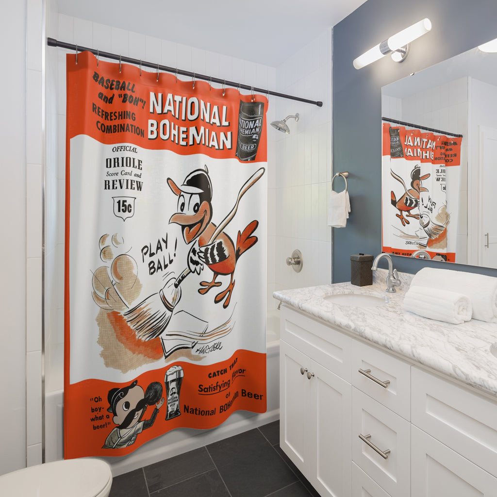 1955 Baltimore Orioles Scorebook Cover Shower Curtain — Vintage Baseball Decor