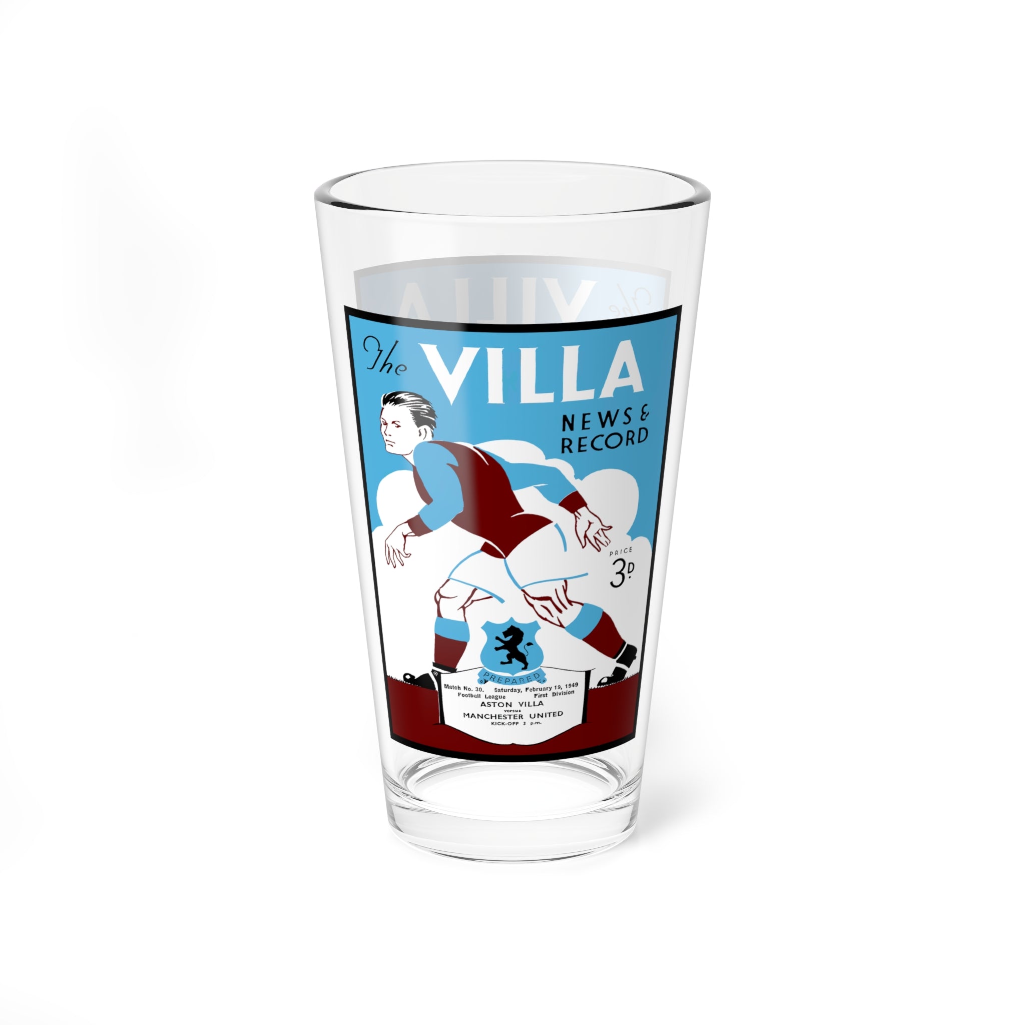 Vintage Aston Villa - Manchester United Mixing Glass, 16oz, English Football Program Memorabilia, Barware Gift Idea, Soccer Fan Collectible,