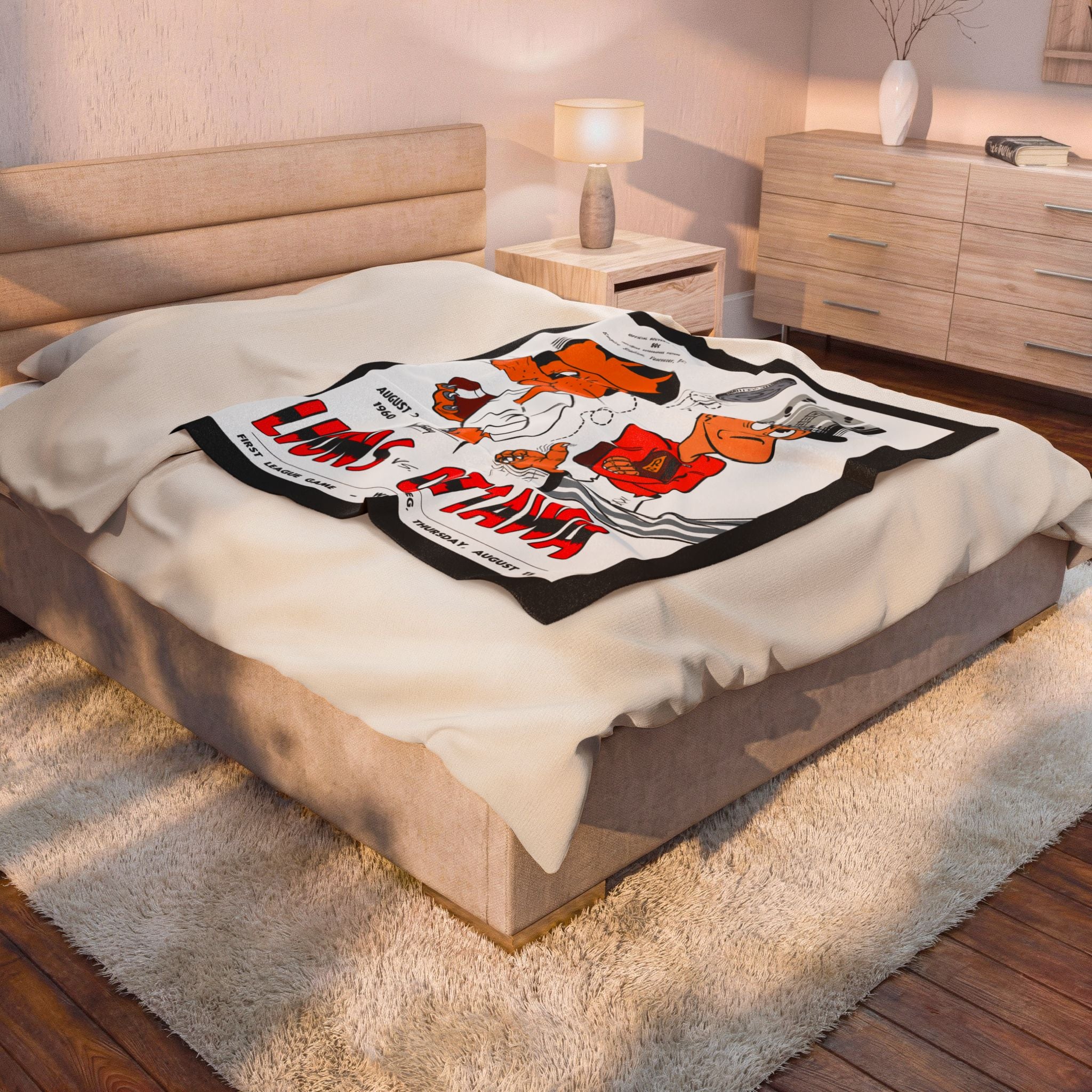 Velveteen Plush Blanket, 1960 CFL Football Ottawa Rough Riders - BC Lions, Vintage Sports Throw, Retro Football Bedding, Cozy Fleece