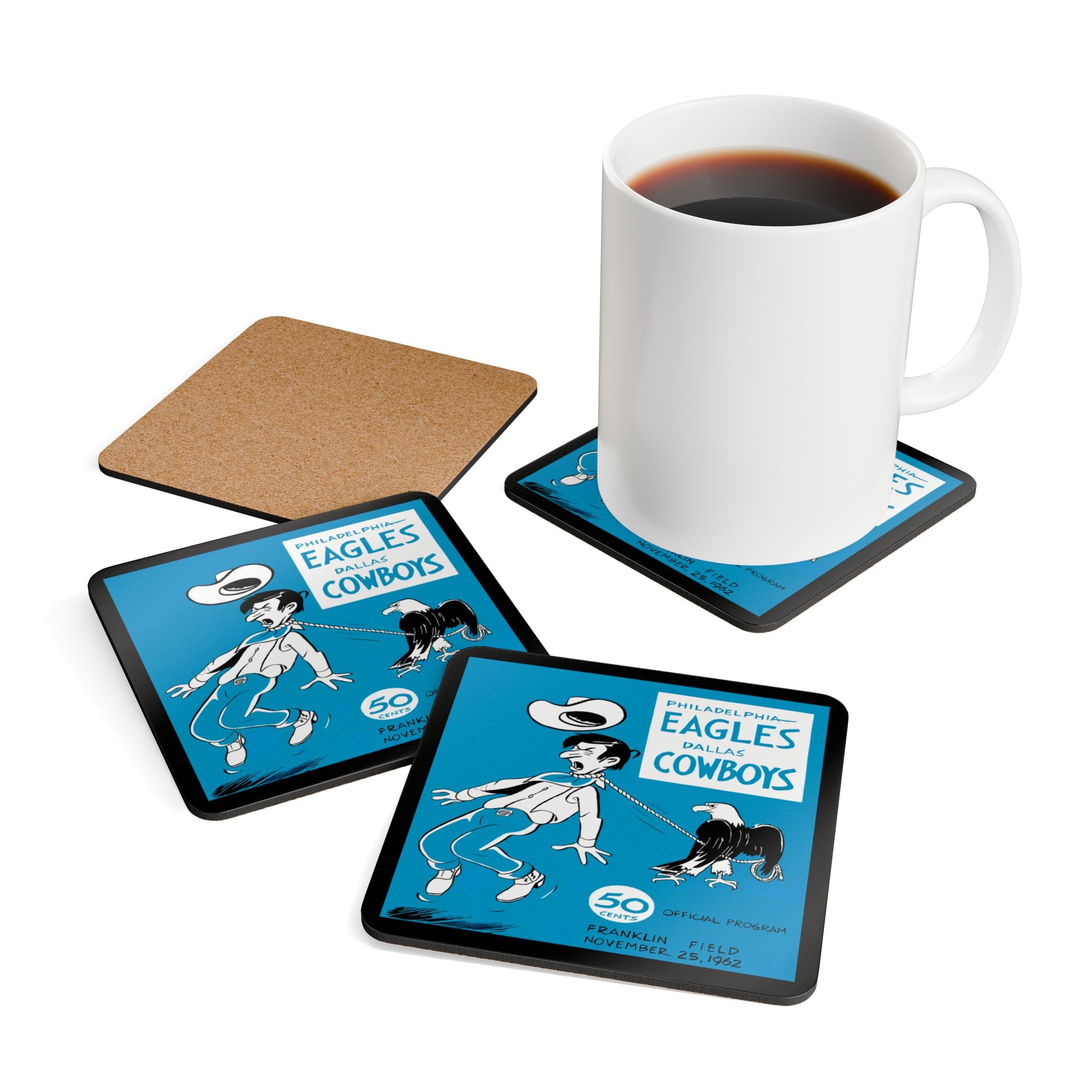 1962 Vintage Dallas Cowboys - Philadelphia Eagles Football Program Cover - Corkwood Coaster Set