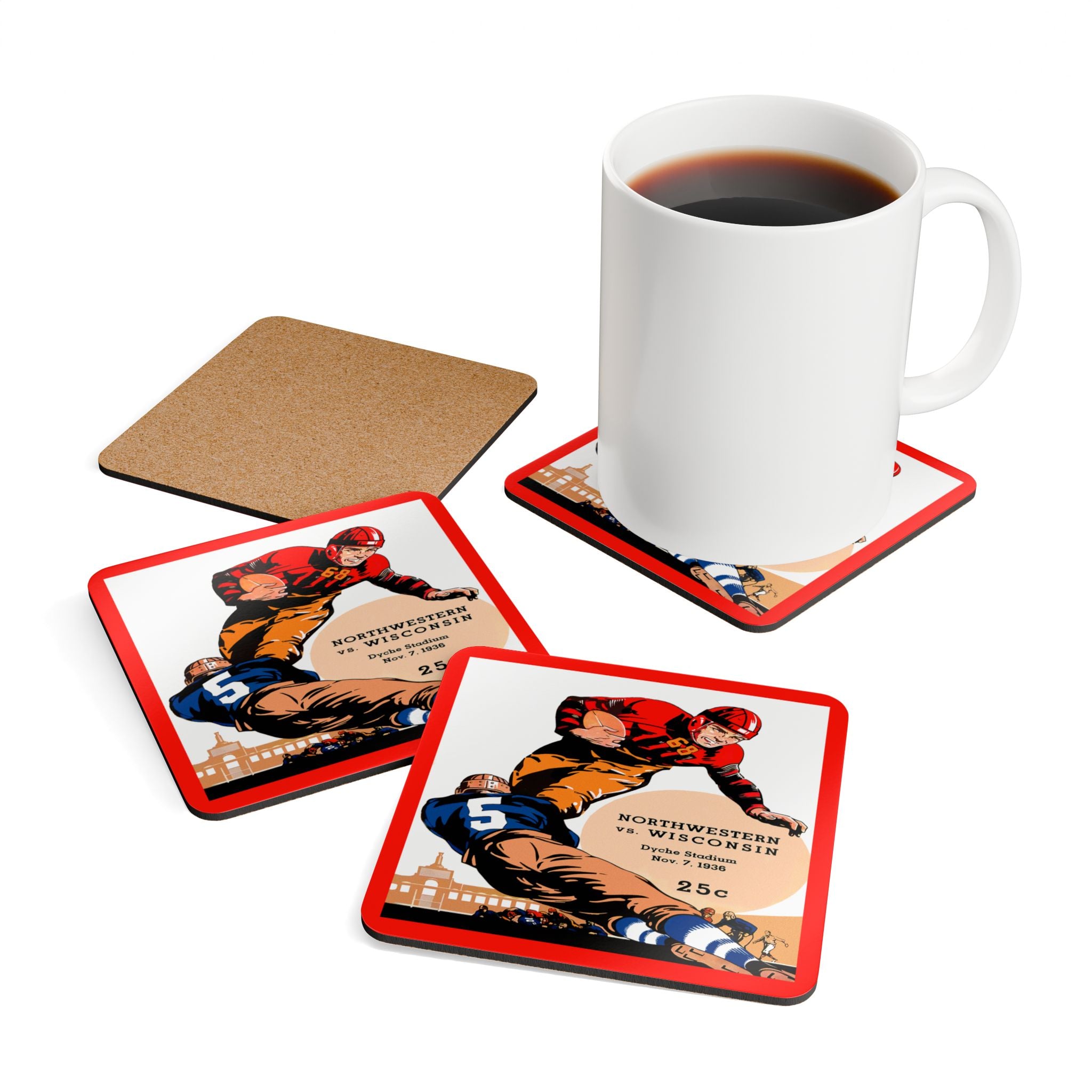 1936 Vintage Wisconsin - Northwestern Football Program Cover - Corkwood Coaster Set
