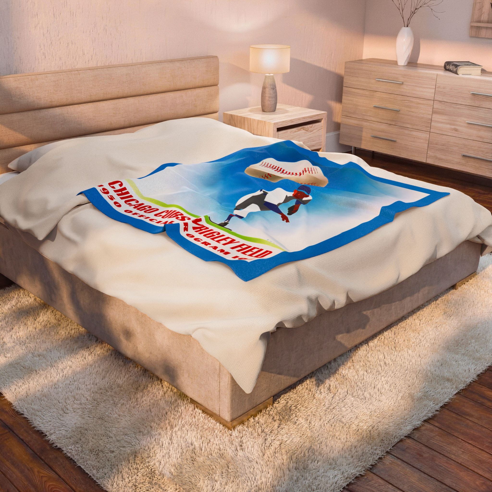 Velveteen Plush Blanket, 1950 Baseball Chicago Cubs Throw Blanket, Sports Fans Gift, Home Decor, Cozy Vintage Design