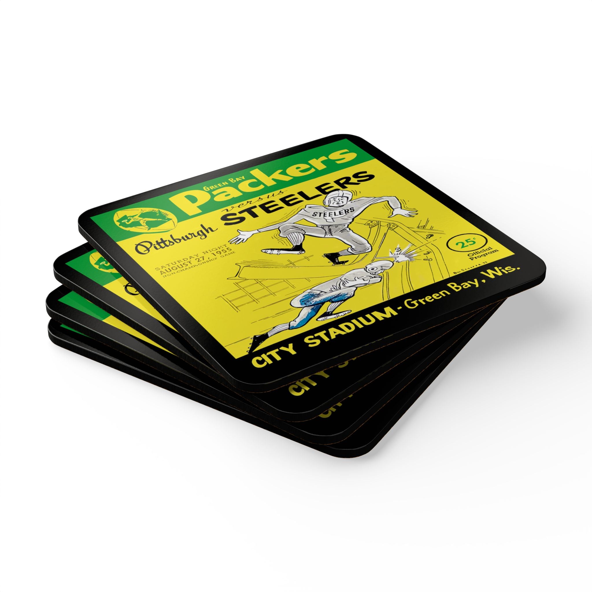 1955 Vintage Green Bay Packers - Pittsburgh Steelers Football Program Cover - Corkwood Coaster Set
