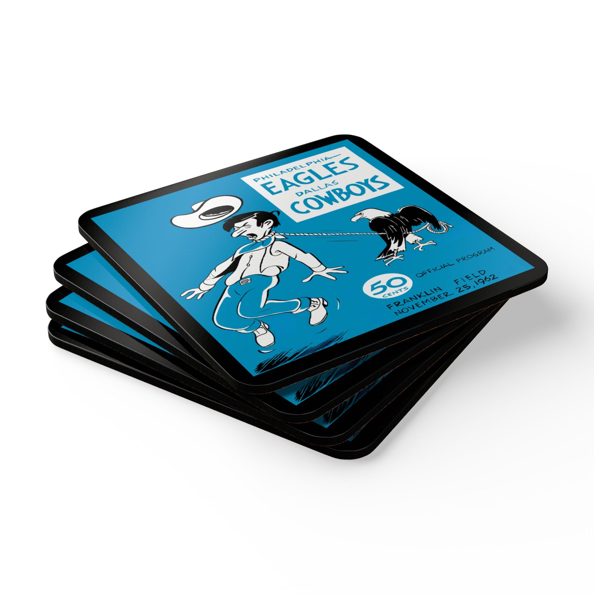 1962 Vintage Dallas Cowboys - Philadelphia Eagles Football Program Cover - Corkwood Coaster Set